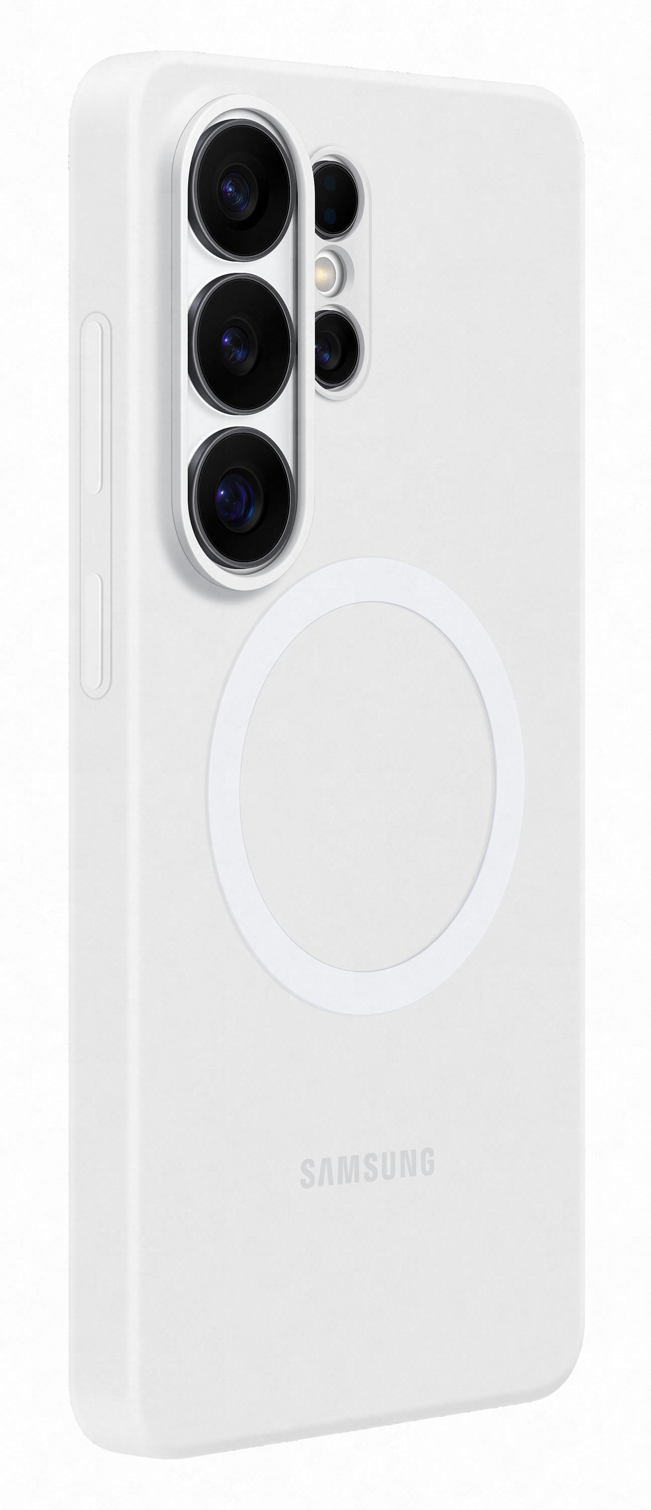 Białe etui na telefon z aparatami i logo Samsung.