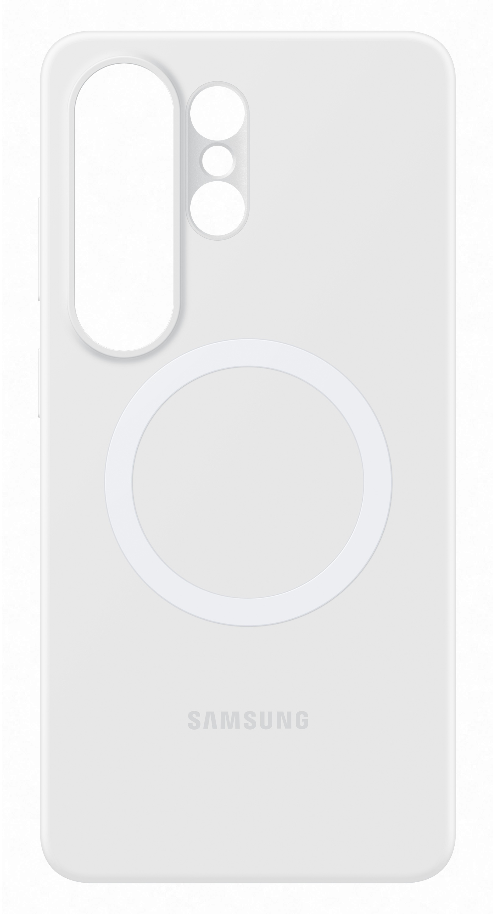Białe etui na telefon z wycięciem na aparat, wzorem koła i logo Samsung.