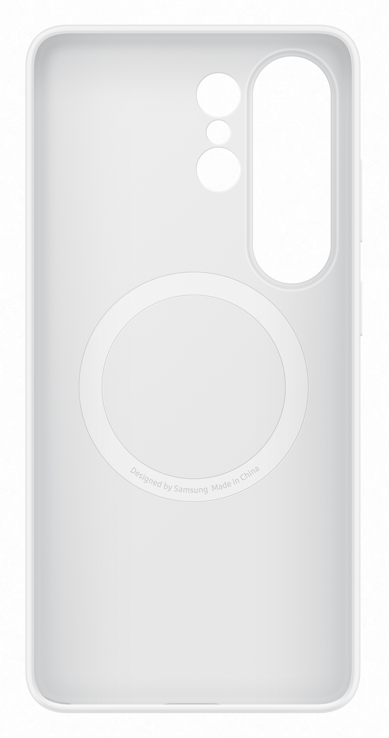 Białe etui na telefon z okrągłymi wycięciami na aparat i port ładowania.