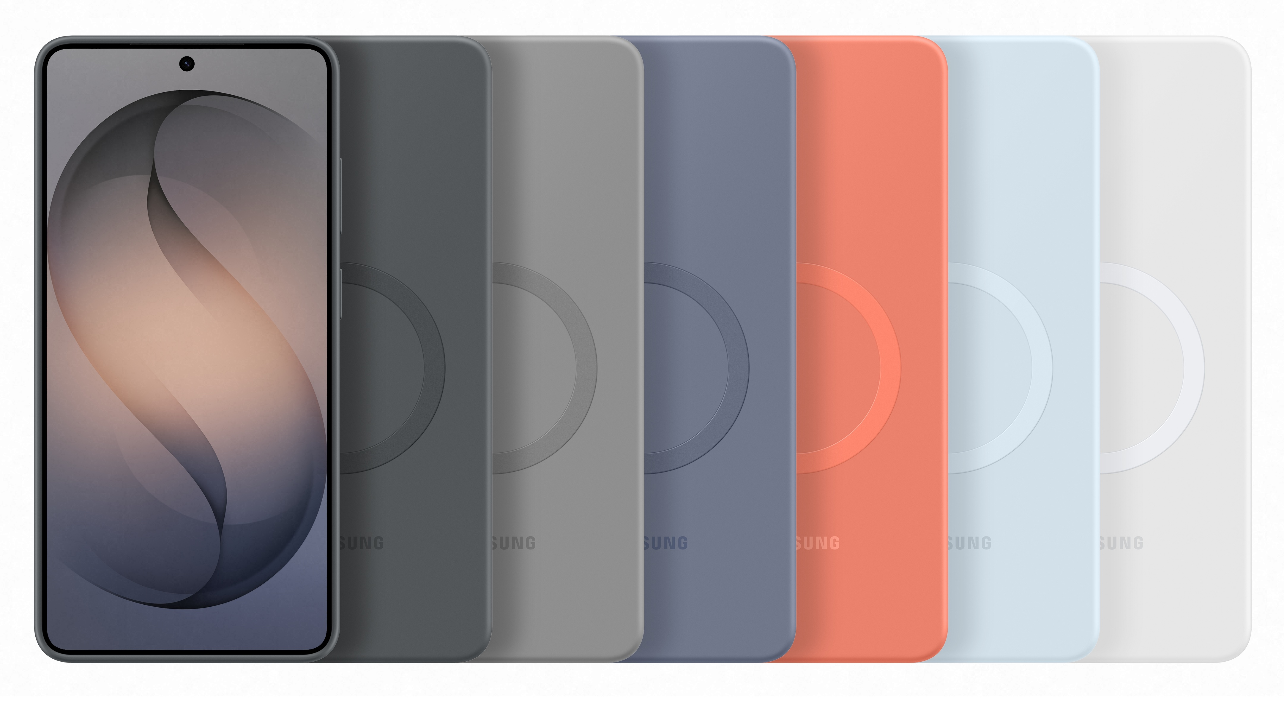 Smartfon i sześć kolorowych etui w kolorach szarym, niebieskim, koralowym i białym.