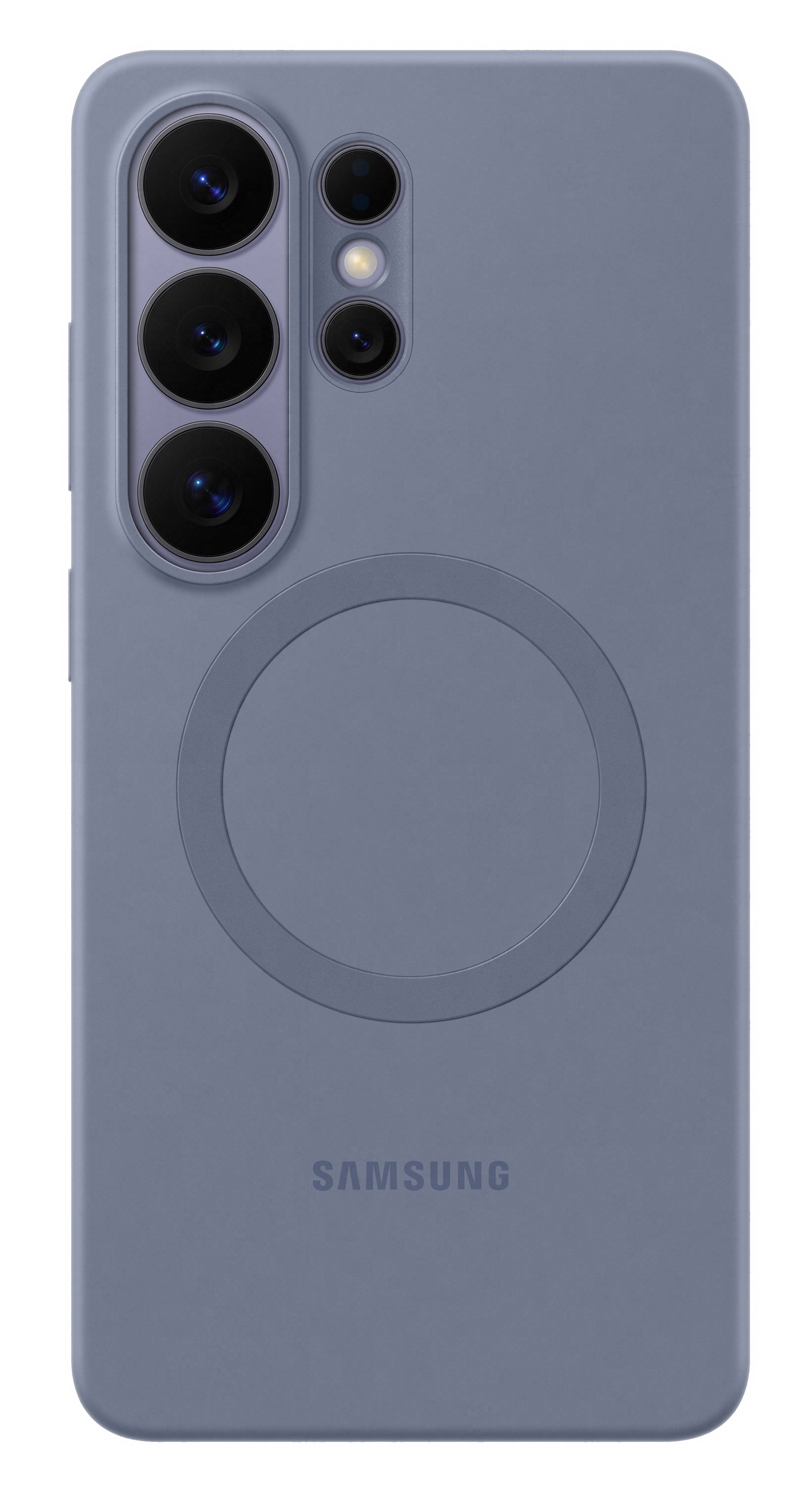 Niebieski smartfon z modułem aparatu i okrągłym wzorem.