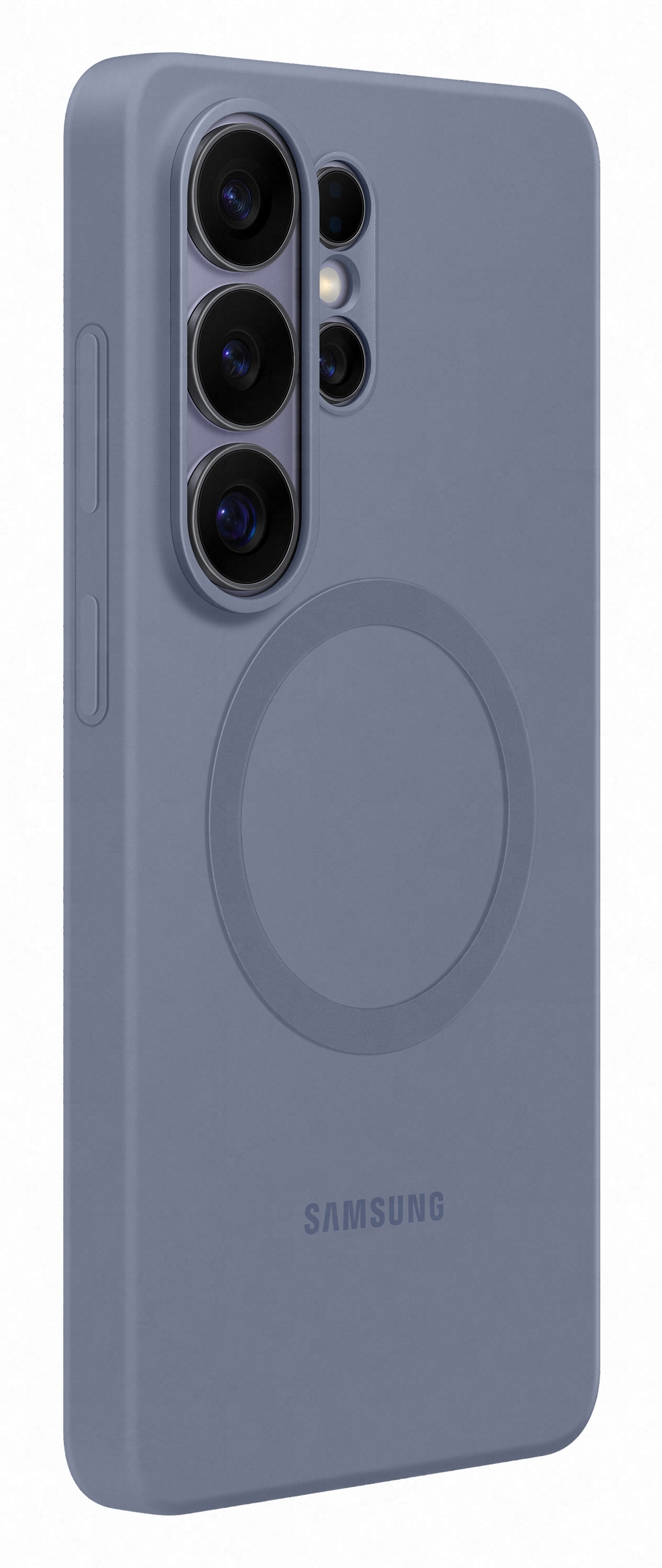 Szara obudowa na telefon z obiektywami i logo Samsung.