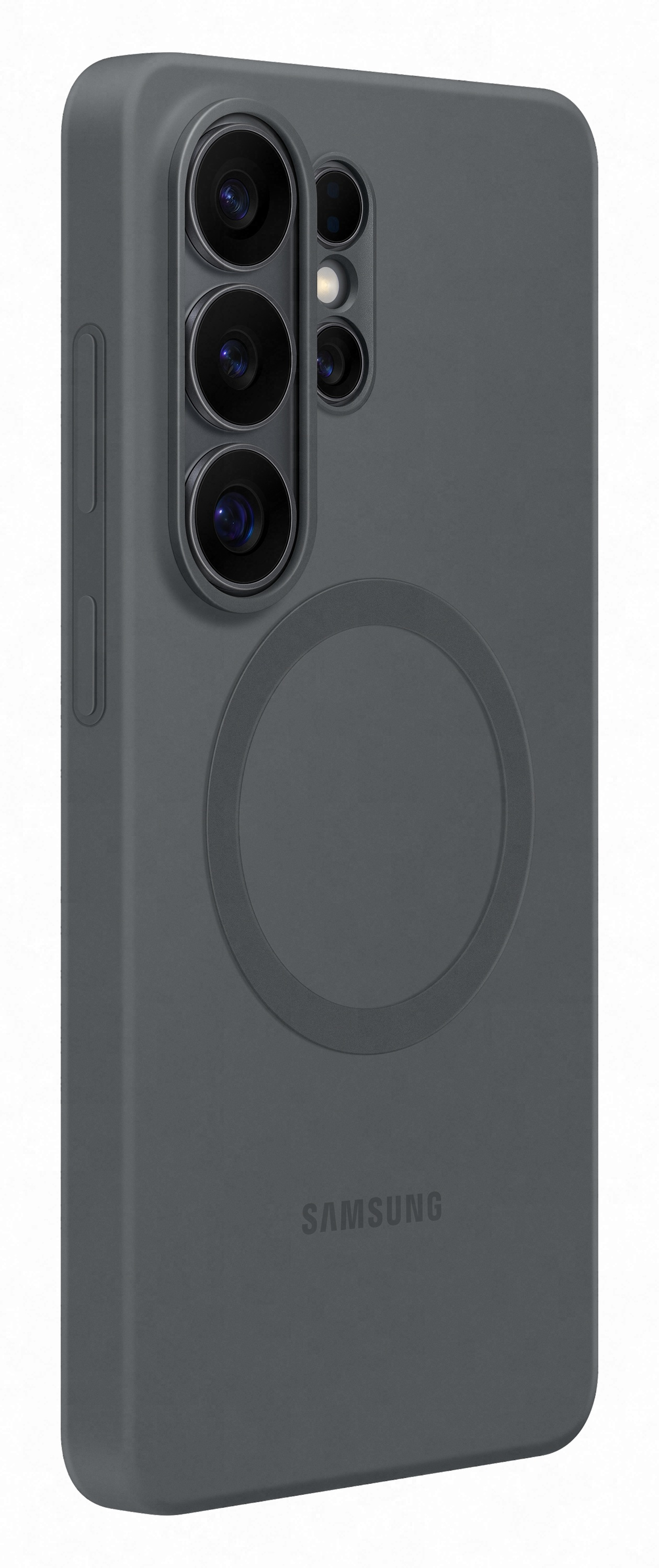 Ciemnoszare etui na telefon z modułem aparatu i logo Samsung.