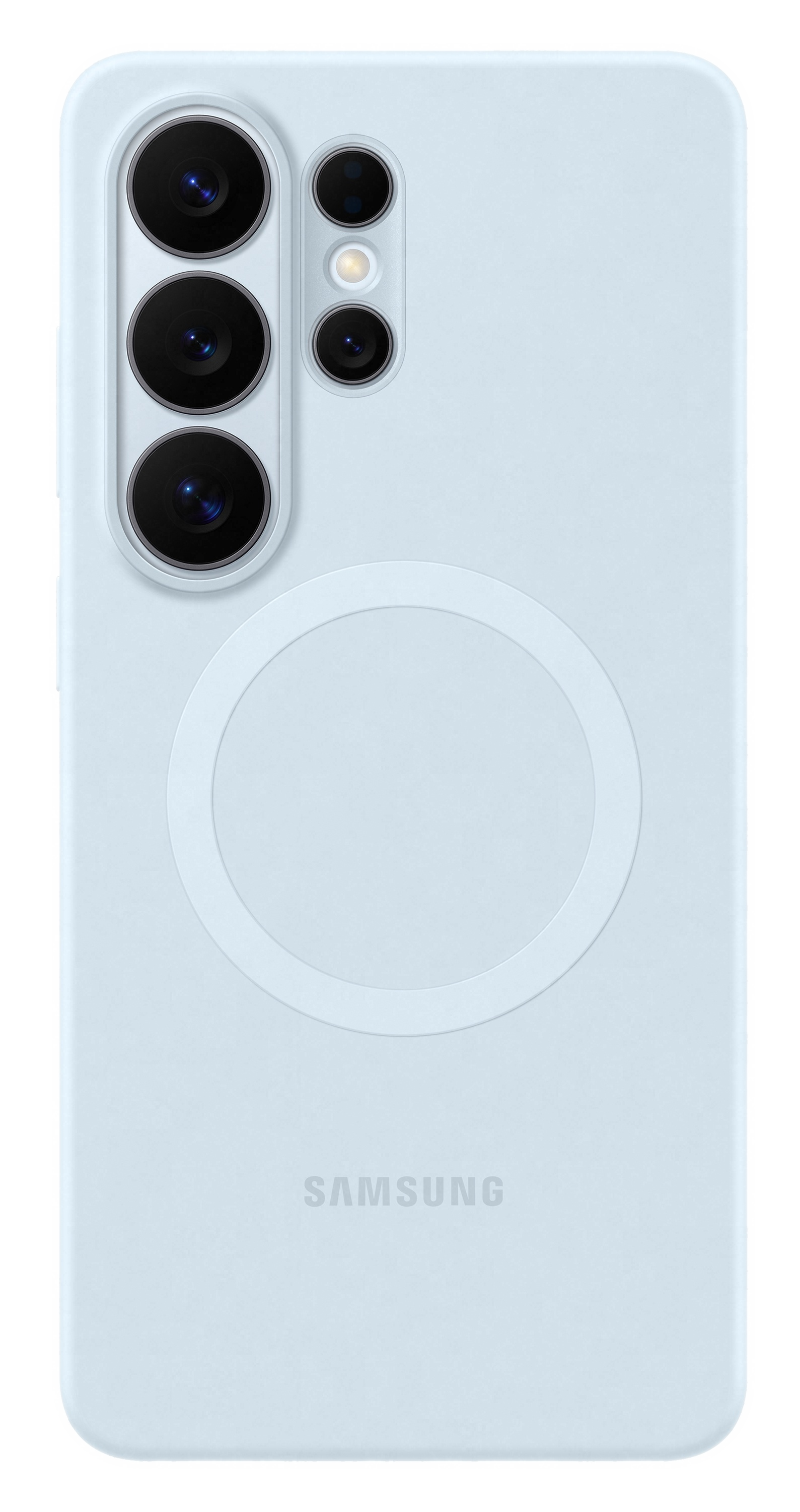 Jasnoniebieski telefon z obiektywami aparatu i logo Samsung.