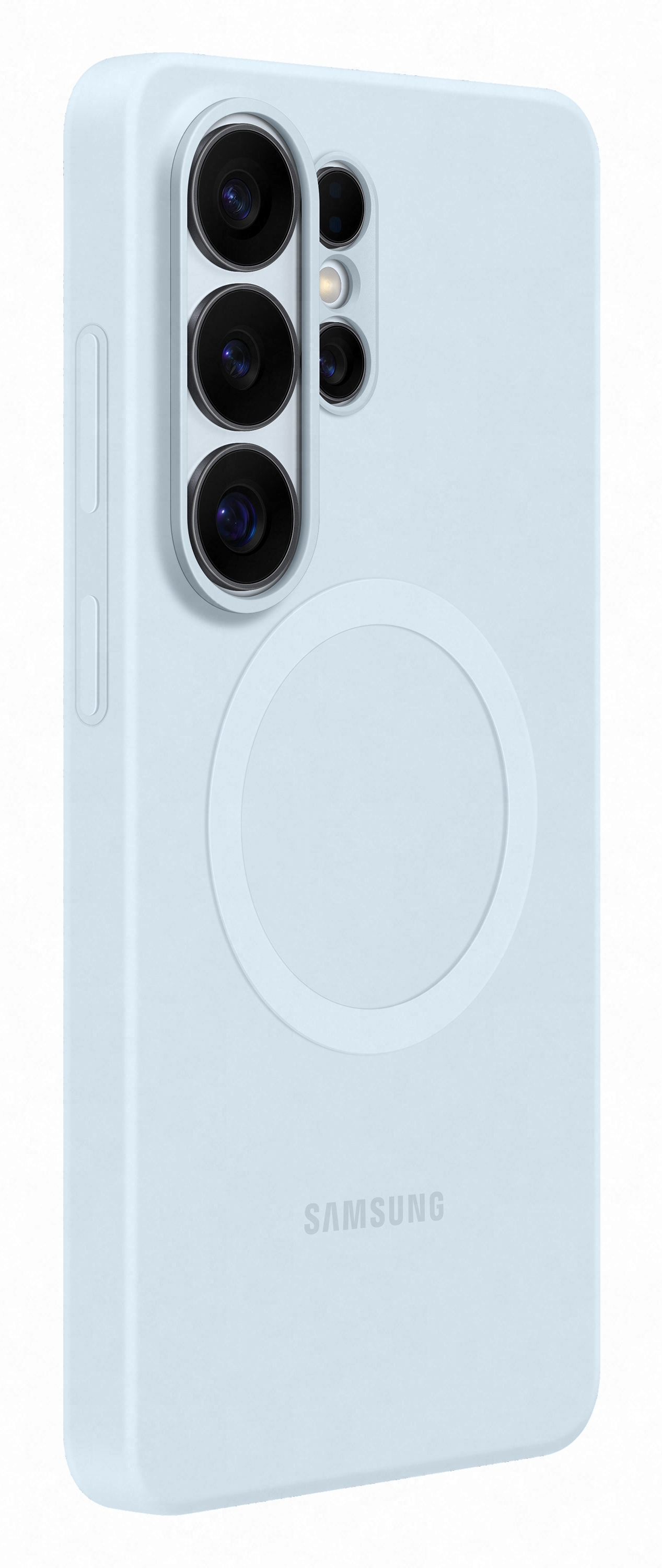 Jasnoniebieski smartfon z czterema aparatami i logo Samsung.