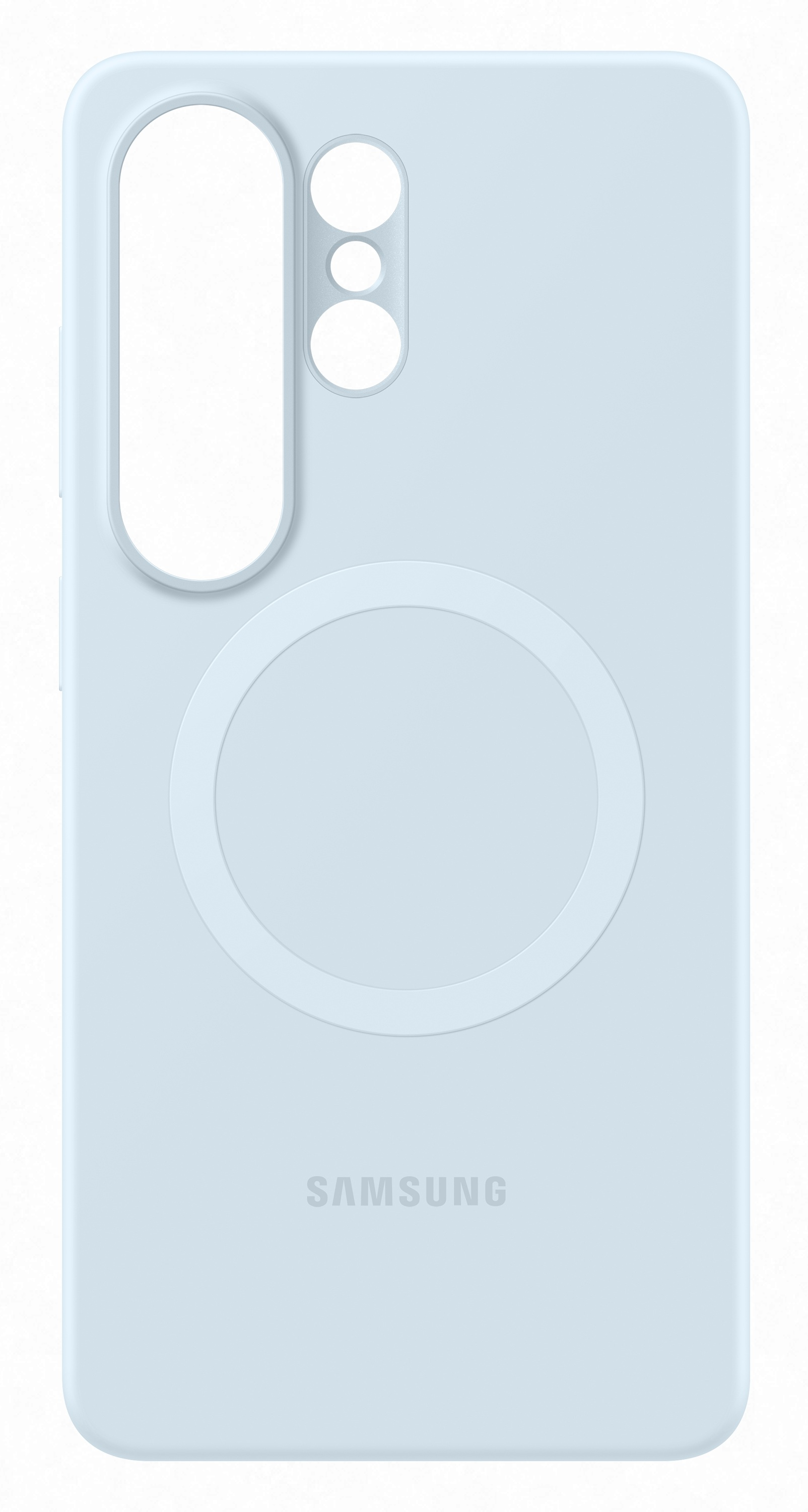 Jasnoniebieskie etui na telefon z wycięciem na aparat i kółkiem ładowania.