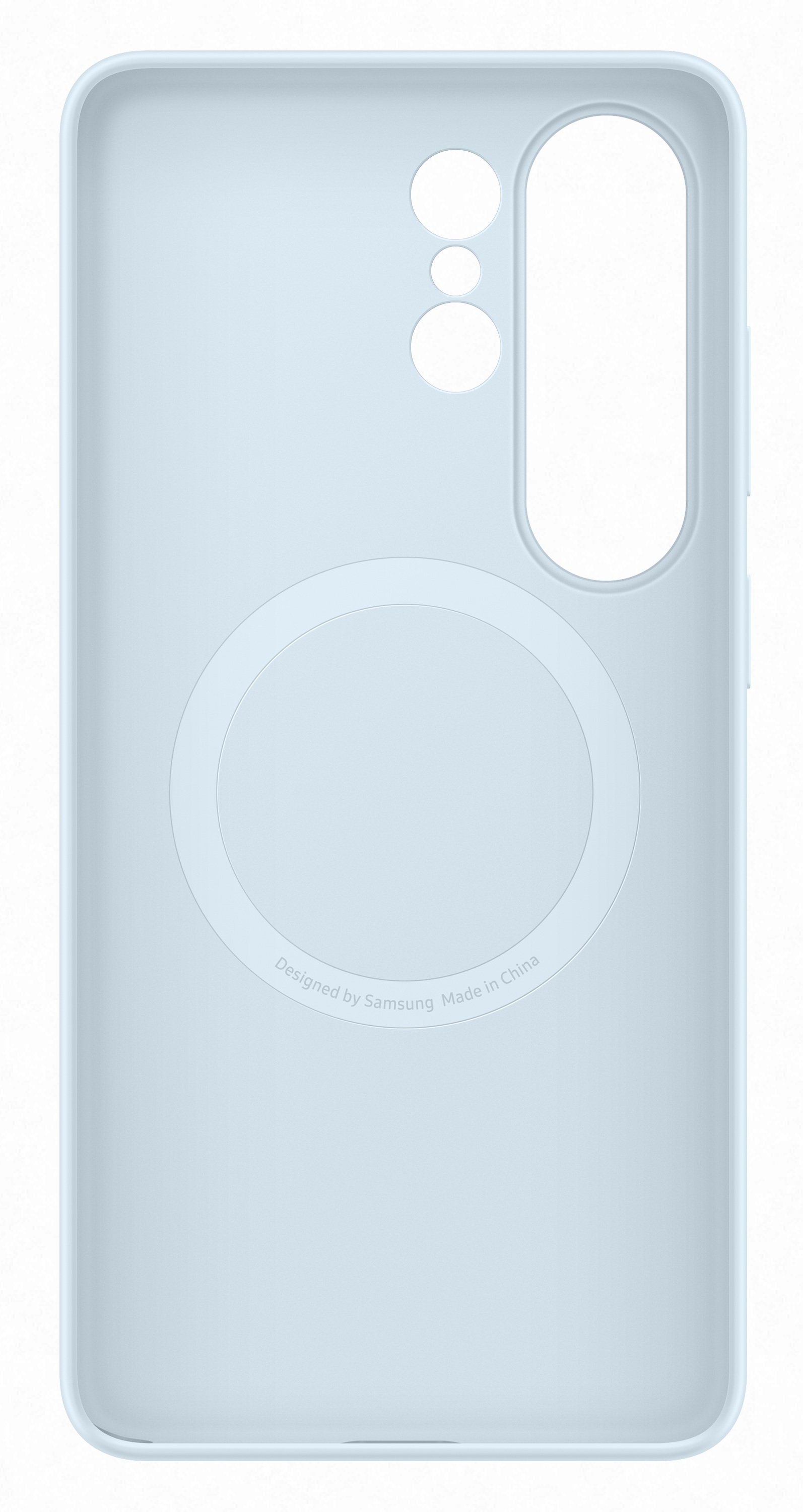 Jasnoniebieskie etui na telefon z wycięciami na aparat i port ładowania.