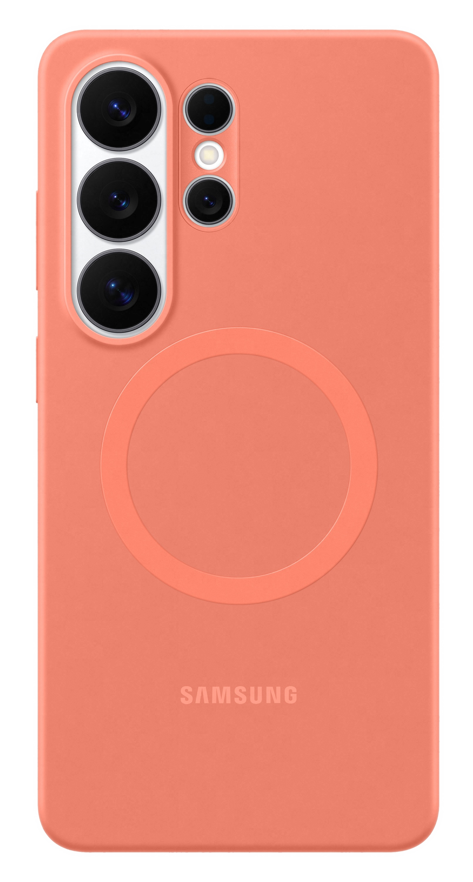 Tył koralowego telefonu z czterema aparatami i okrągłym pierścieniem magnetycznym.