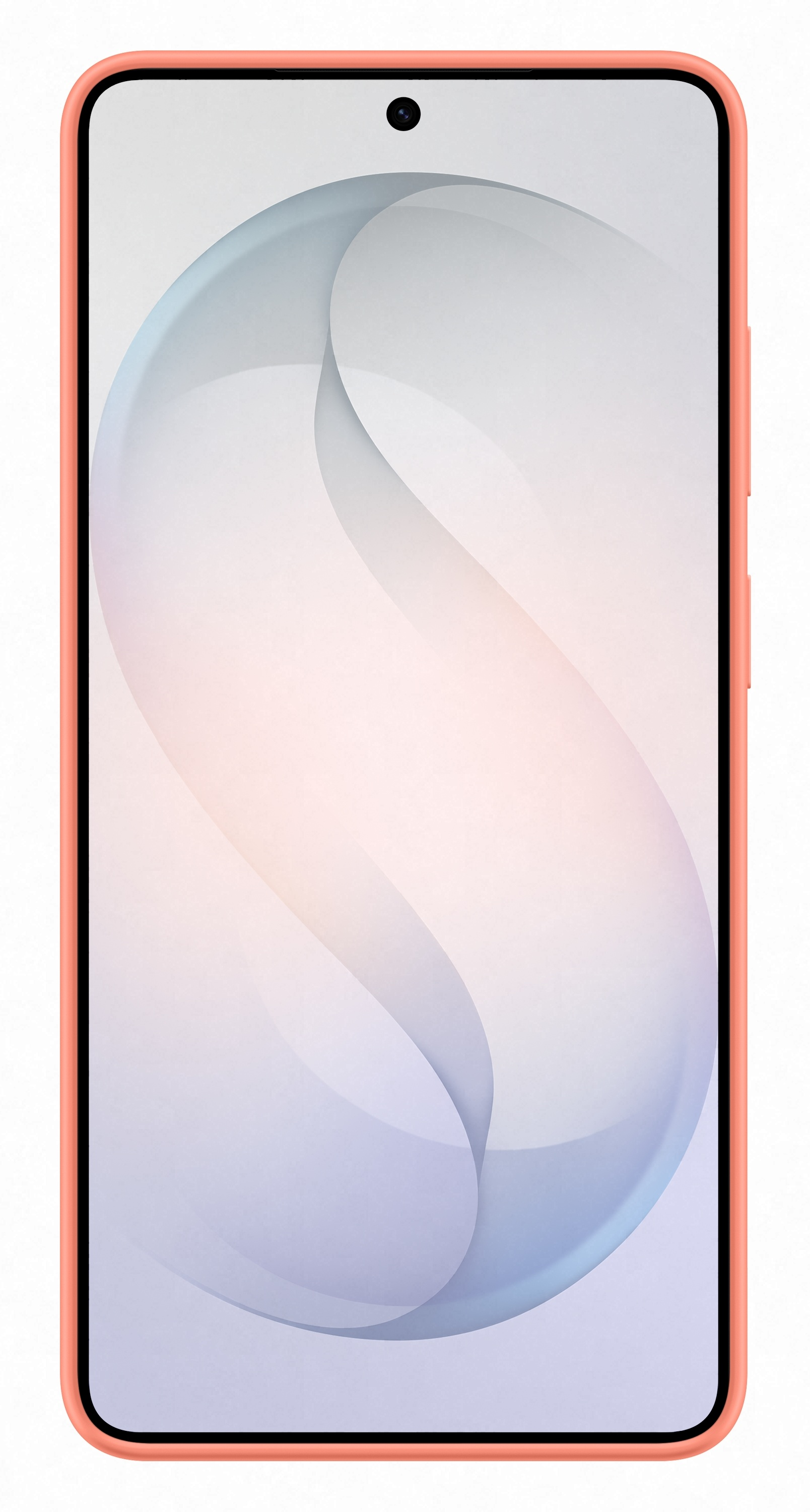 Koralowy smartfon wyświetlający na ekranie abstrakcyjne, niebiesko-różowe tło.