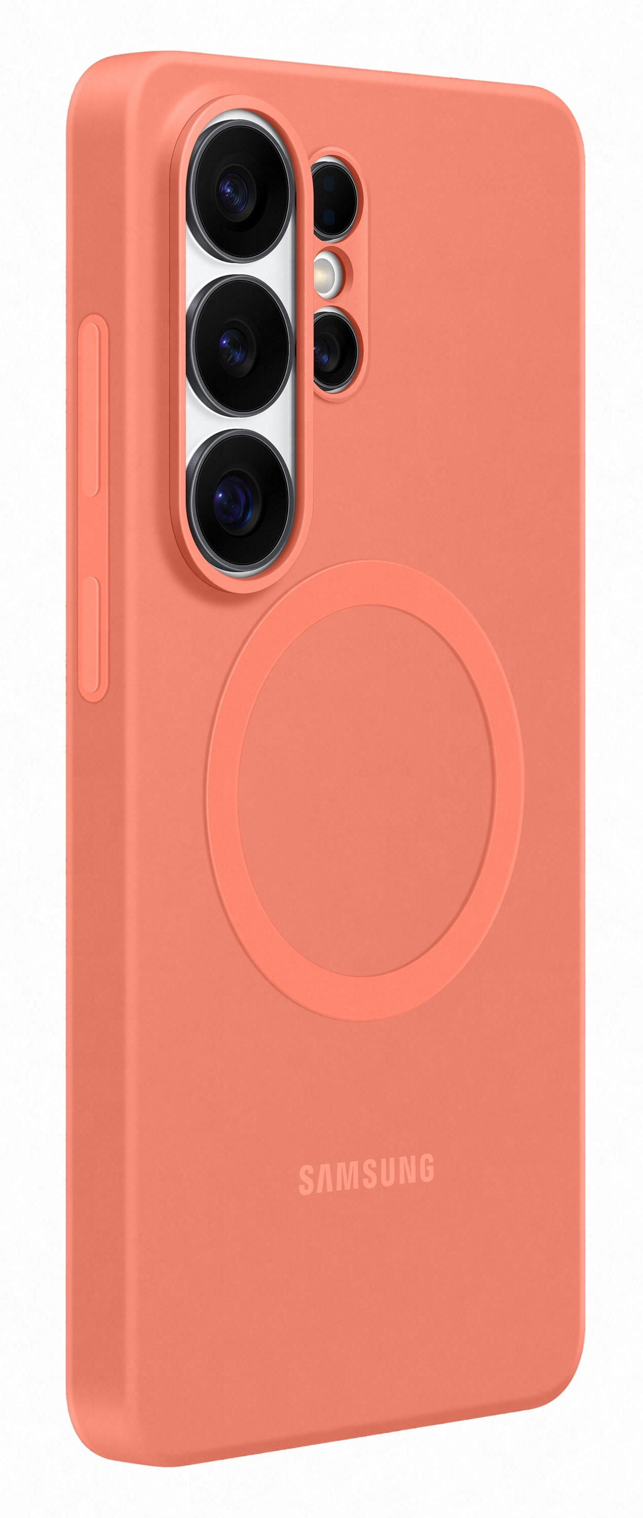 Koralowa obudowa telefonu z obiektywami aparatu i logo Samsung.