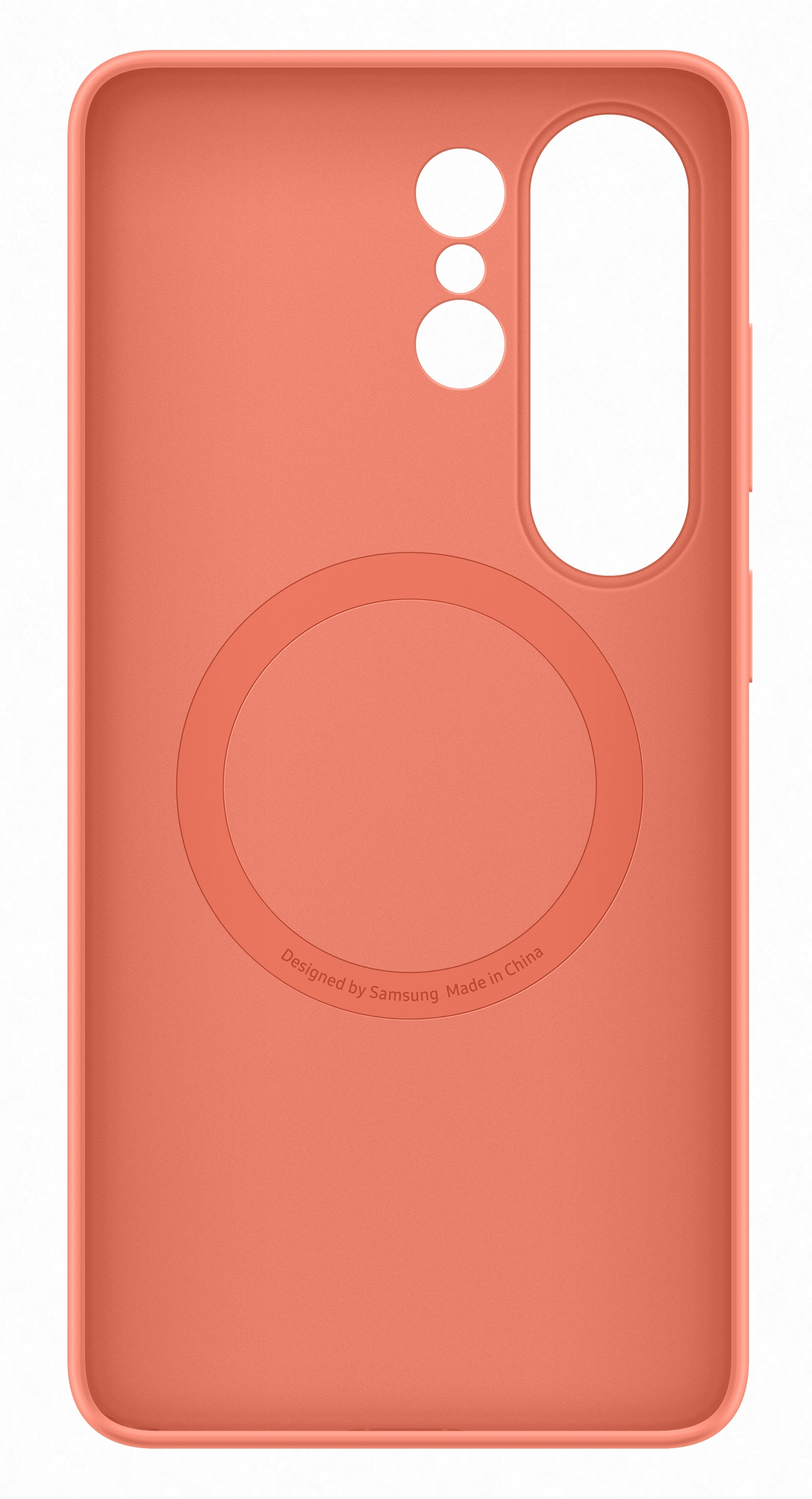 Koralowa obudowa na telefon z wycięciami na aparat i port ładowania.
