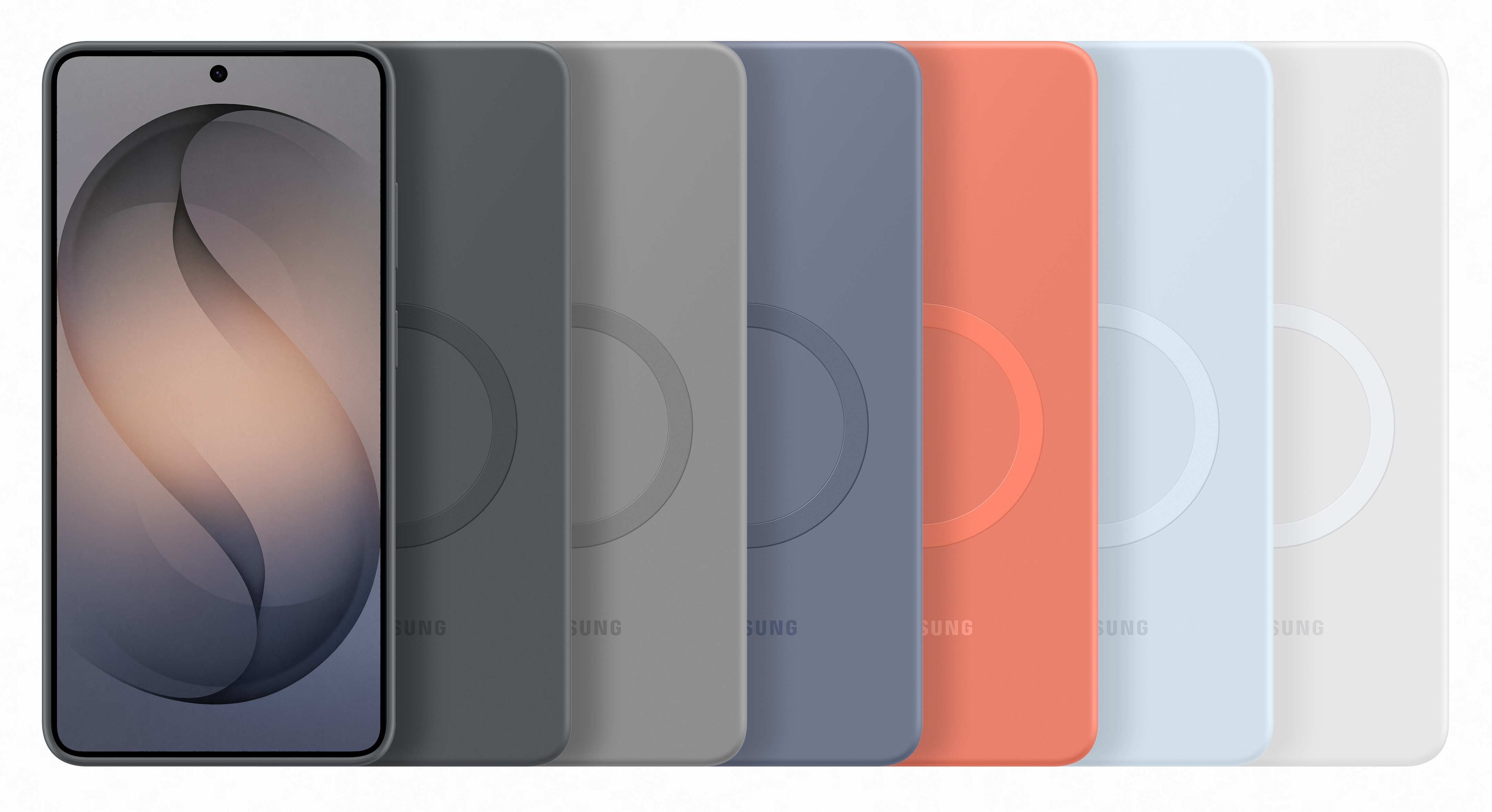 Smartfon z abstrakcyjną tapetą, obok sześć etui na telefon w różnych kolorach.