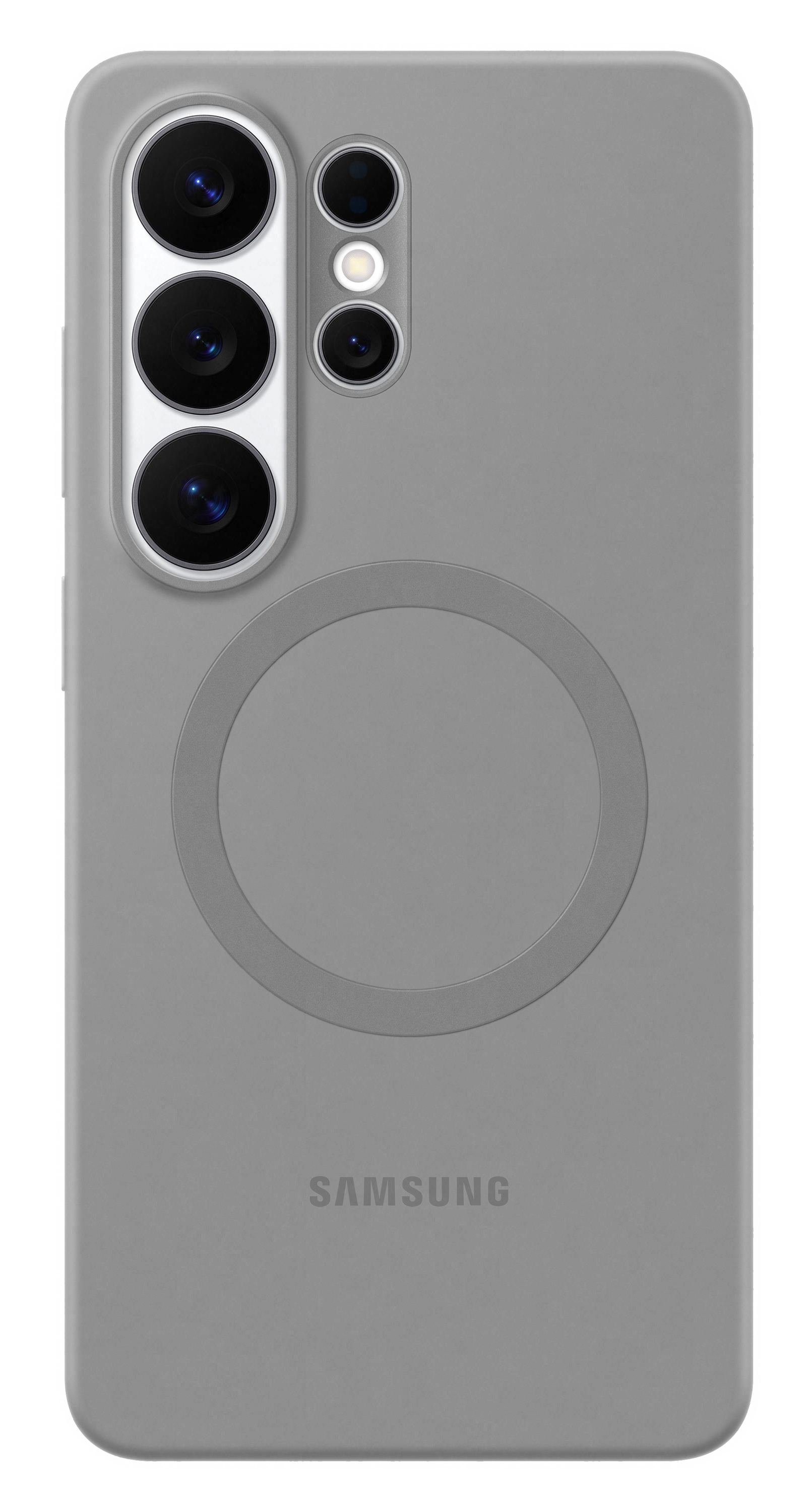 Szare etui na telefon z obiektywami i logo Samsung.