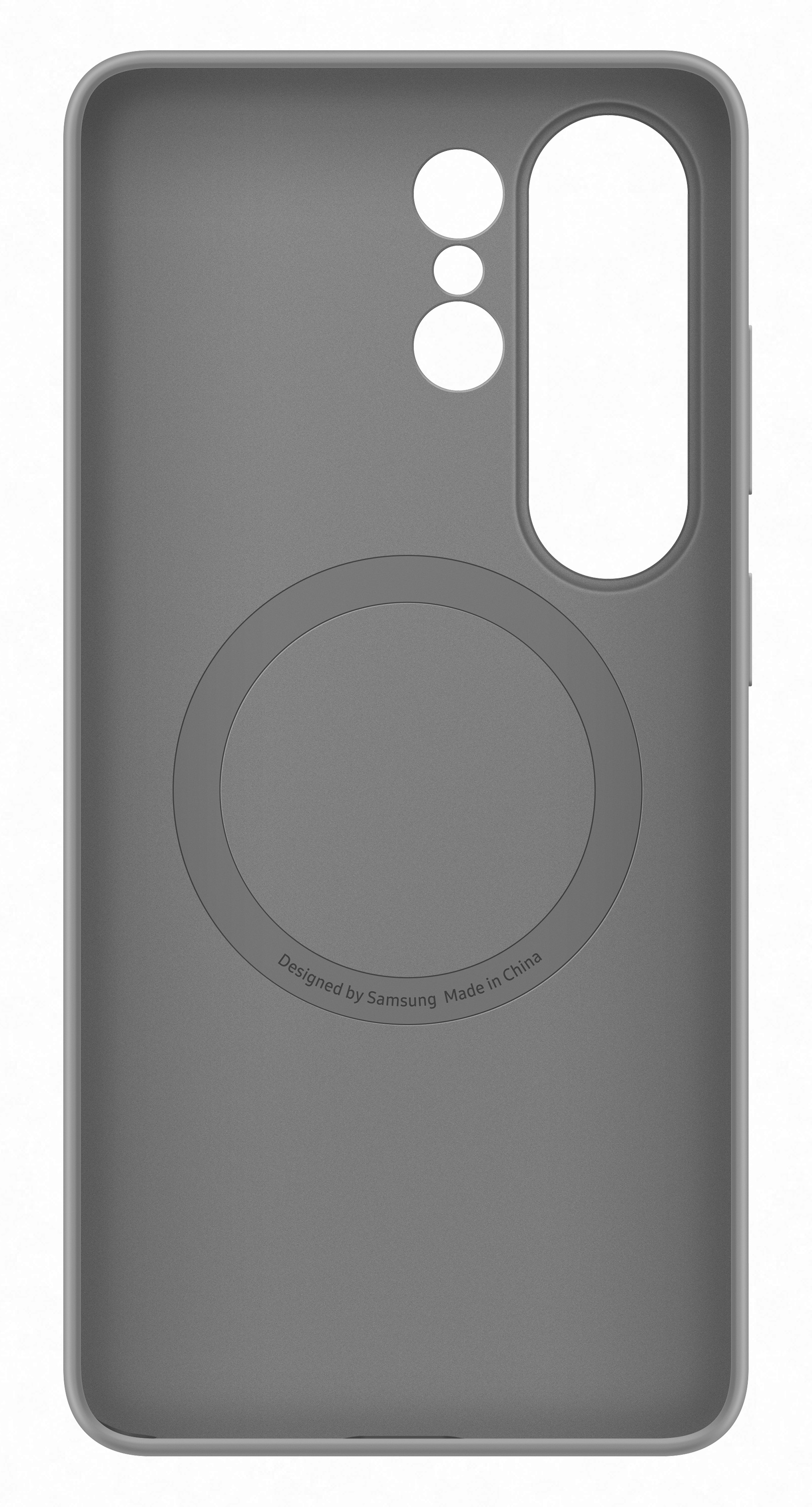 Szara obudowa telefonu z wycięciami na aparat i port ładowania.