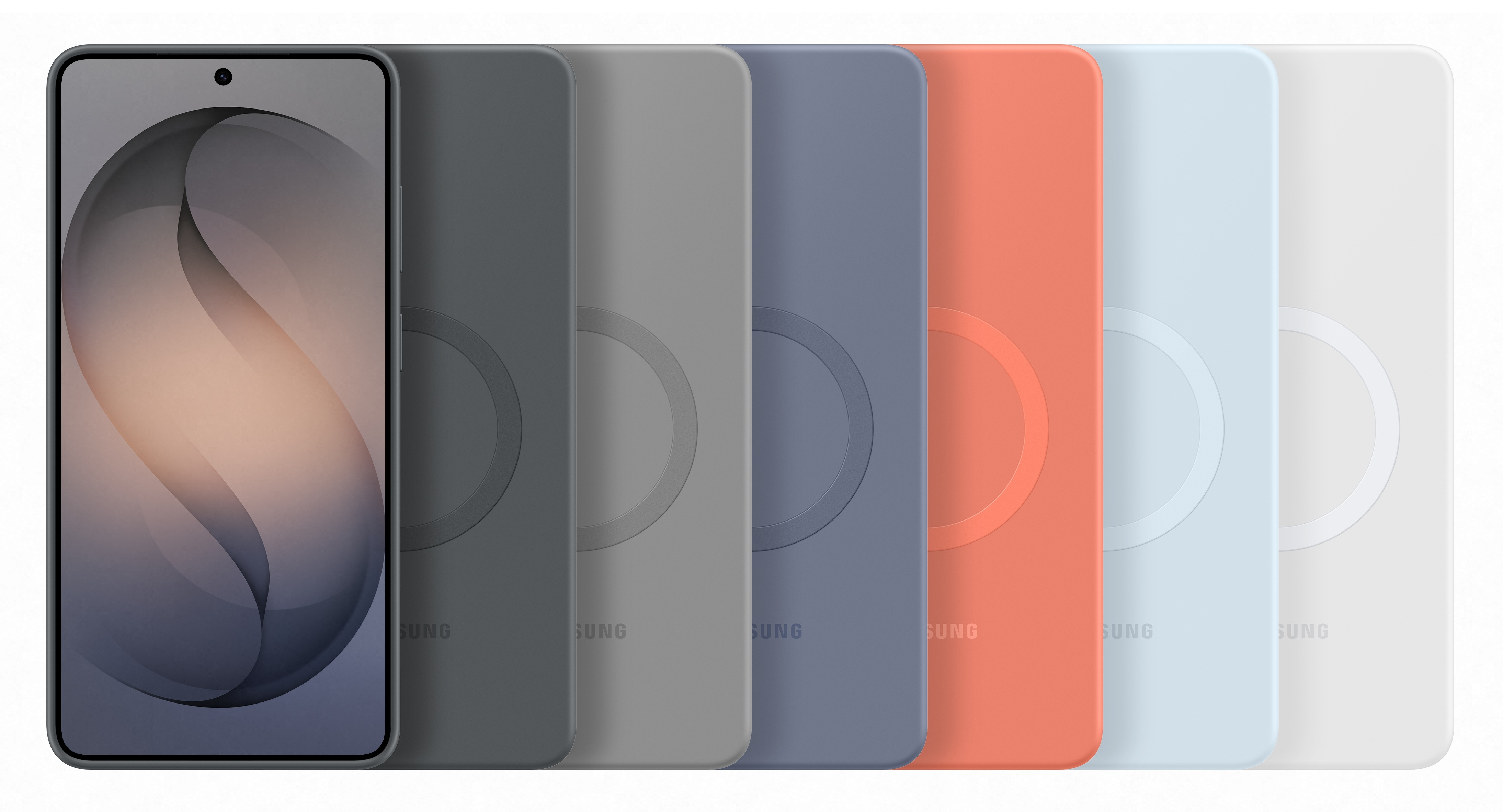 Smartfon z ciemnym ekranem obok sześciu kolorowych etui.