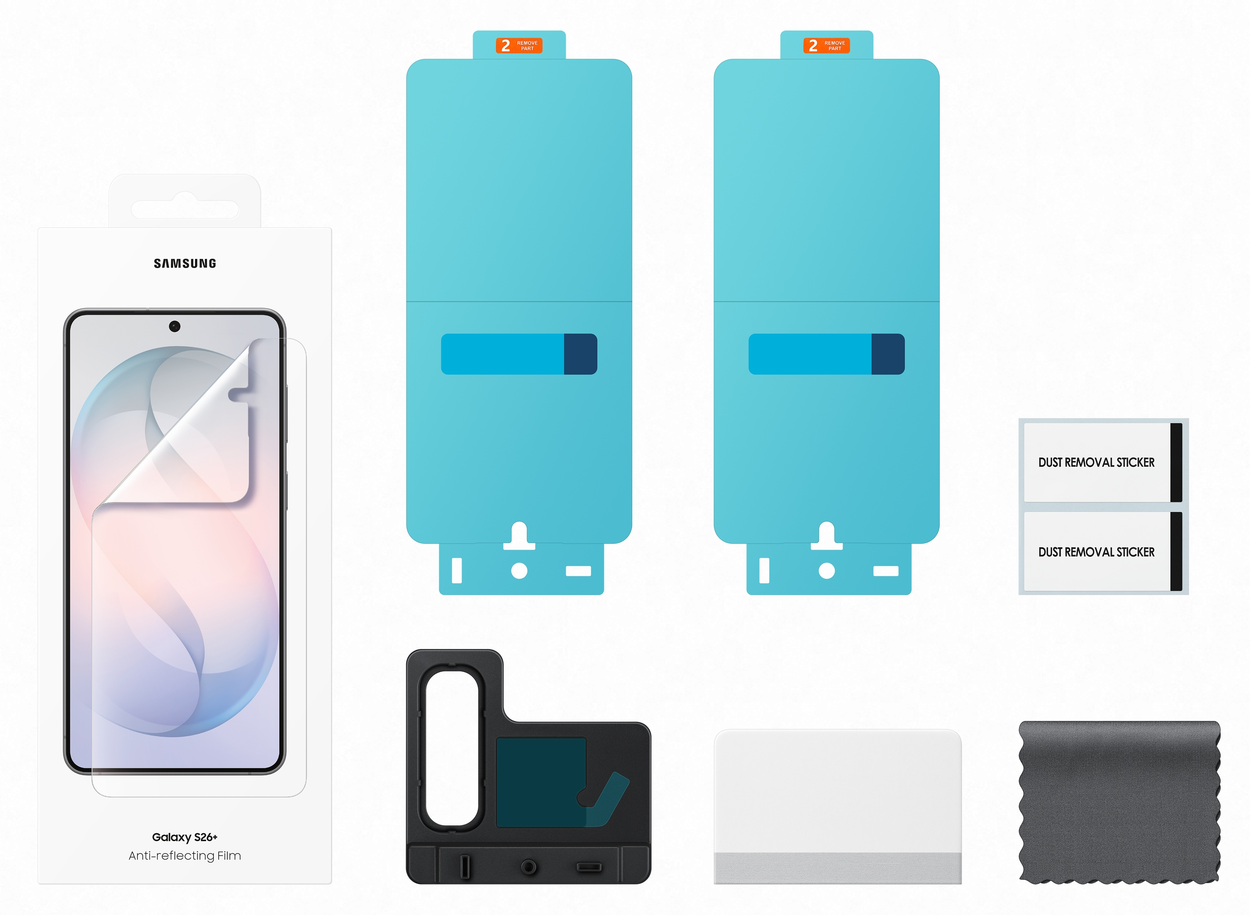 Zestaw folii ochronnej Samsung Galaxy S26+ z narzędziami.