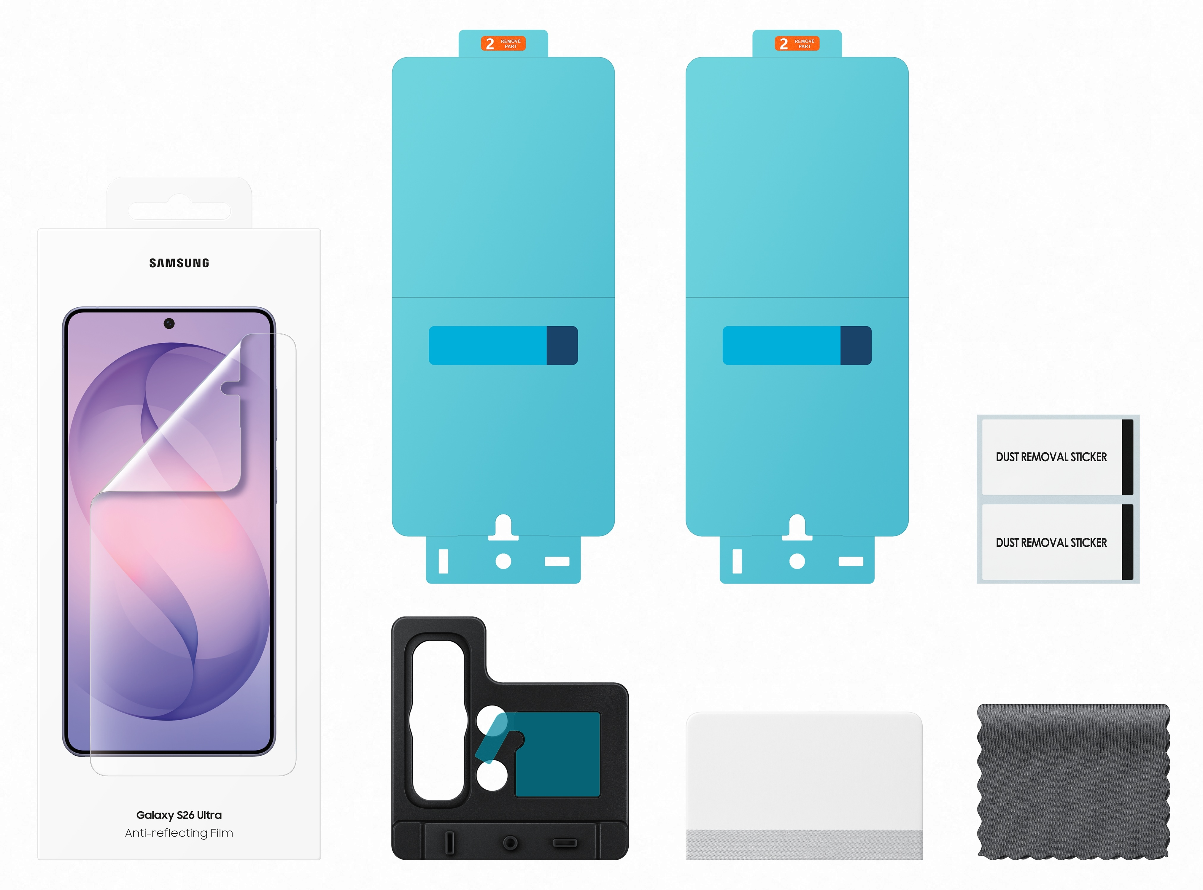 Zestaw folii ochronnej Samsung Galaxy S26 Ultra z akcesoriami.