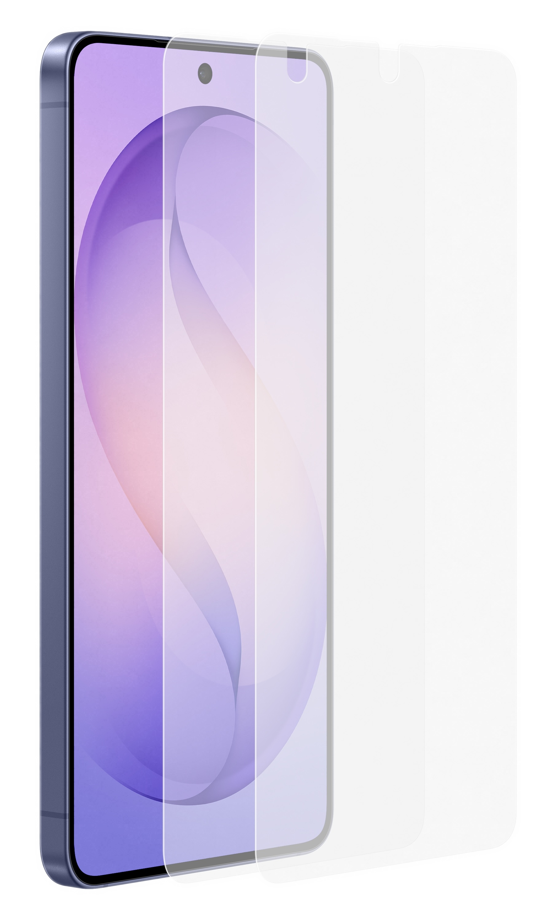 Smartfon z niebieską ramką i szklaną osłoną ekranu.