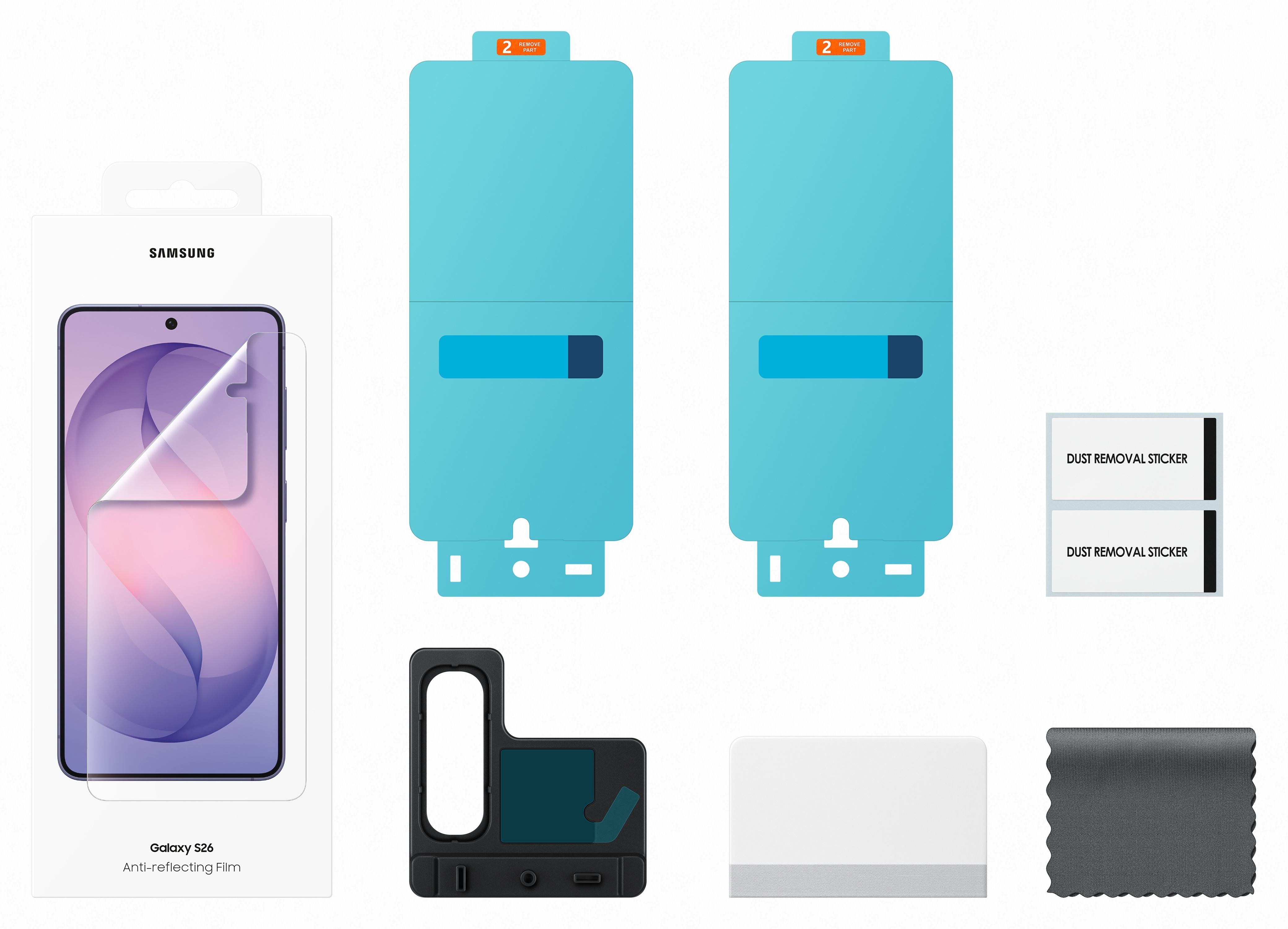 Zestaw folii antyrefleksyjnej Samsung Galaxy S26 z dwoma niebieskimi pomocami.
