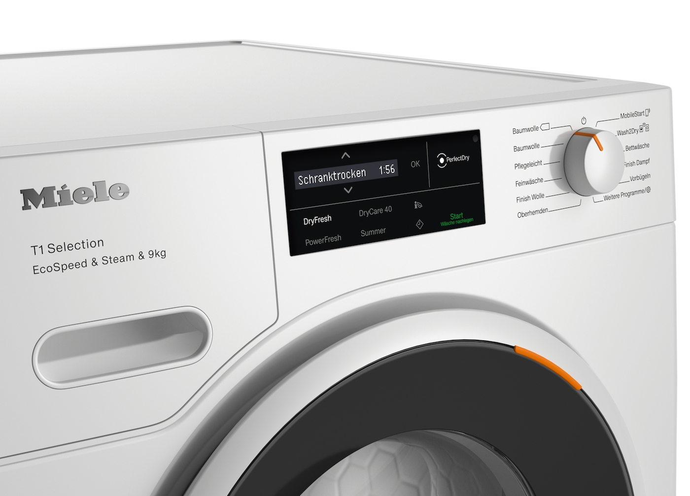 Weiße Miele T1 Selection Wäschetrockner mit digitalem Display und Drehregler.