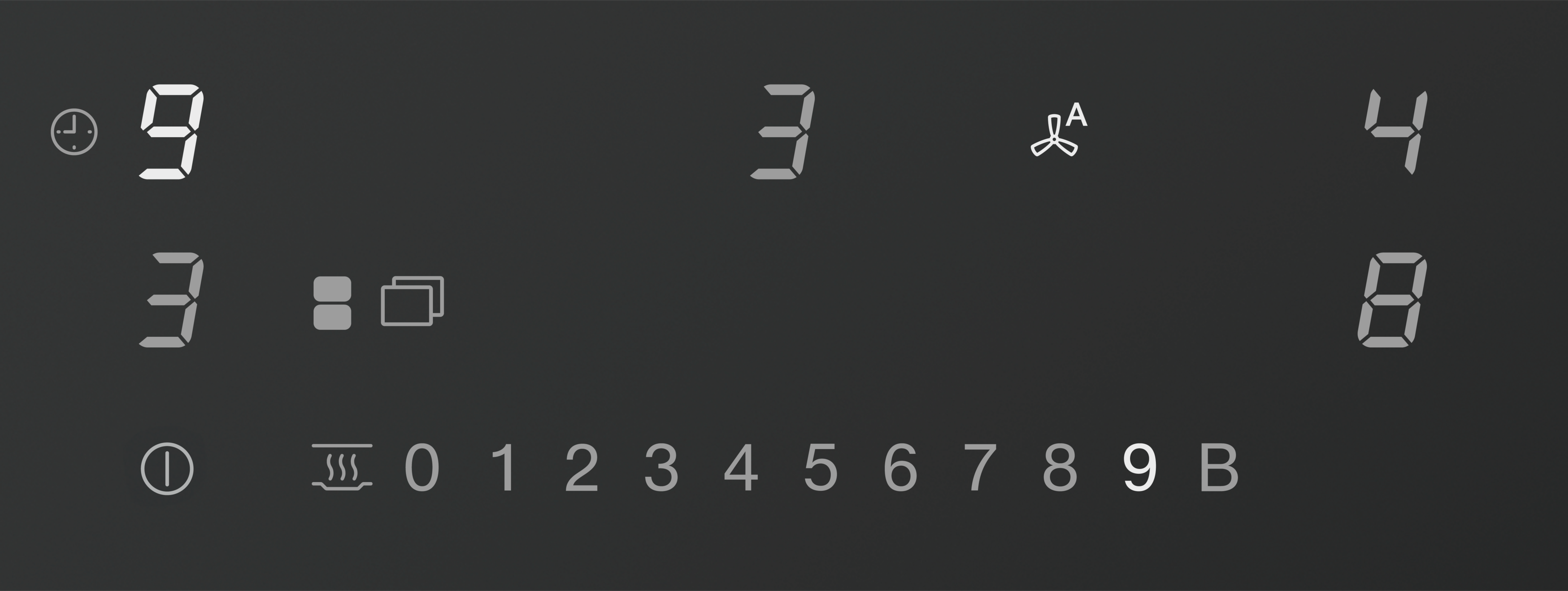 Digitalanzeige mit Zahlen 9, 3, 4, 8 und Symbolen.