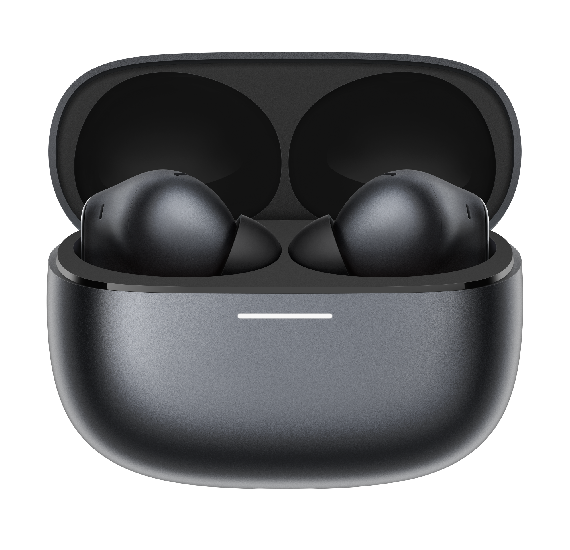 Czarne słuchawki bezprzewodowe w szarej ładowarce z otwartą pokrywą.