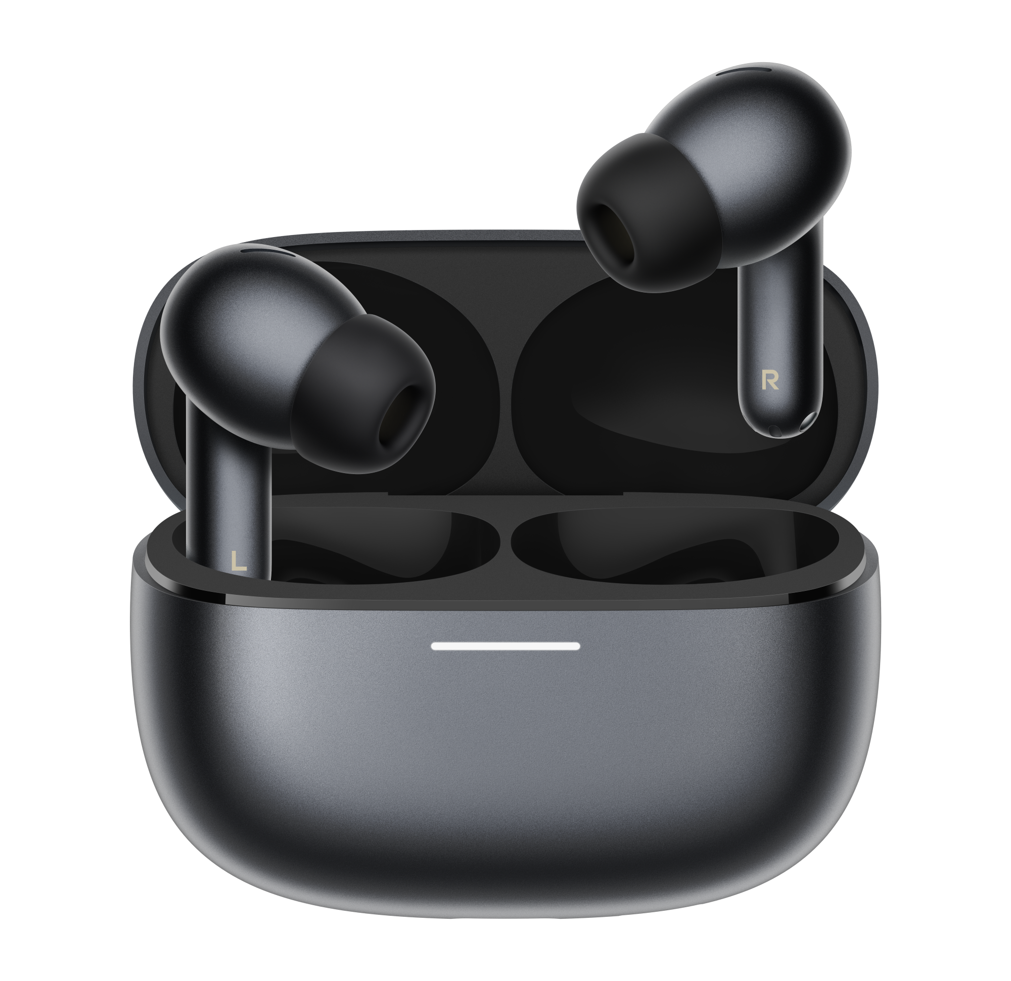 Ciemnoszare słuchawki bezprzewodowe z etui ładującym i wskaźnikiem LED.