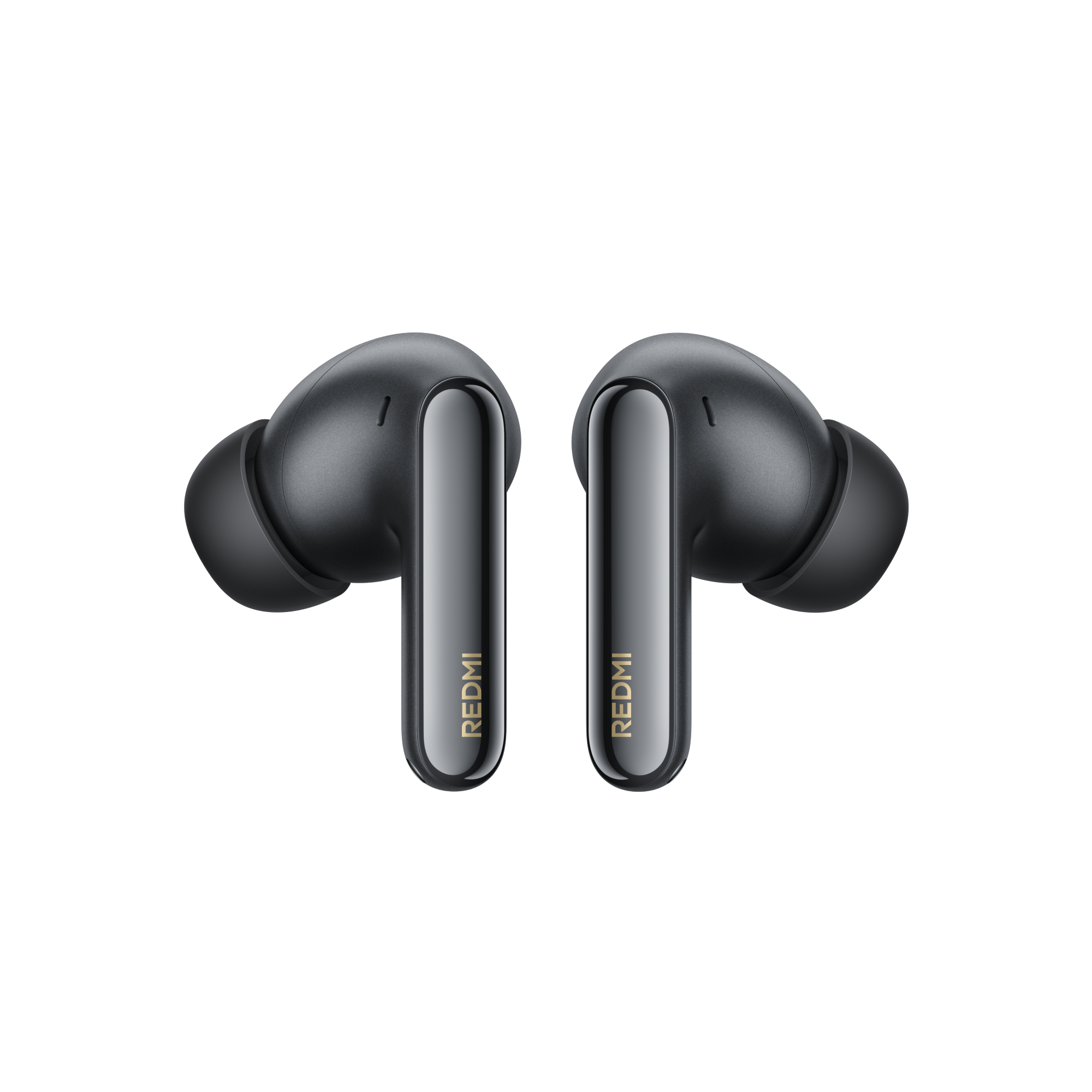 Dwa szare słuchawki bezprzewodowe ze złotym logo REDMI na czarnym tle.