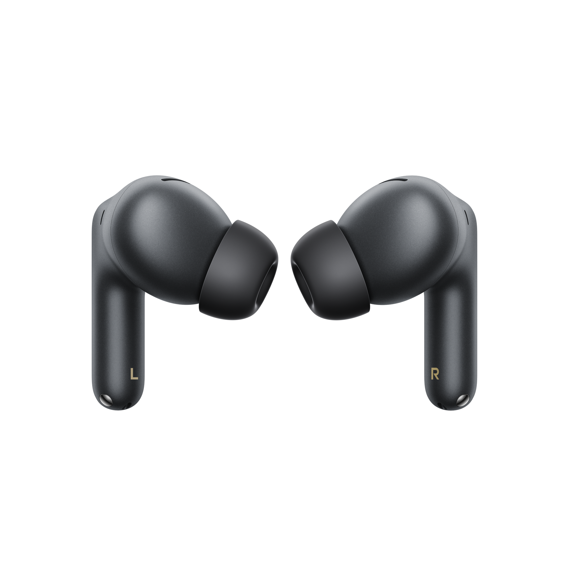 Trzy ciemne słuchawki bezprzewodowe ze złotymi oznaczeniami L/R na czarnym tle.