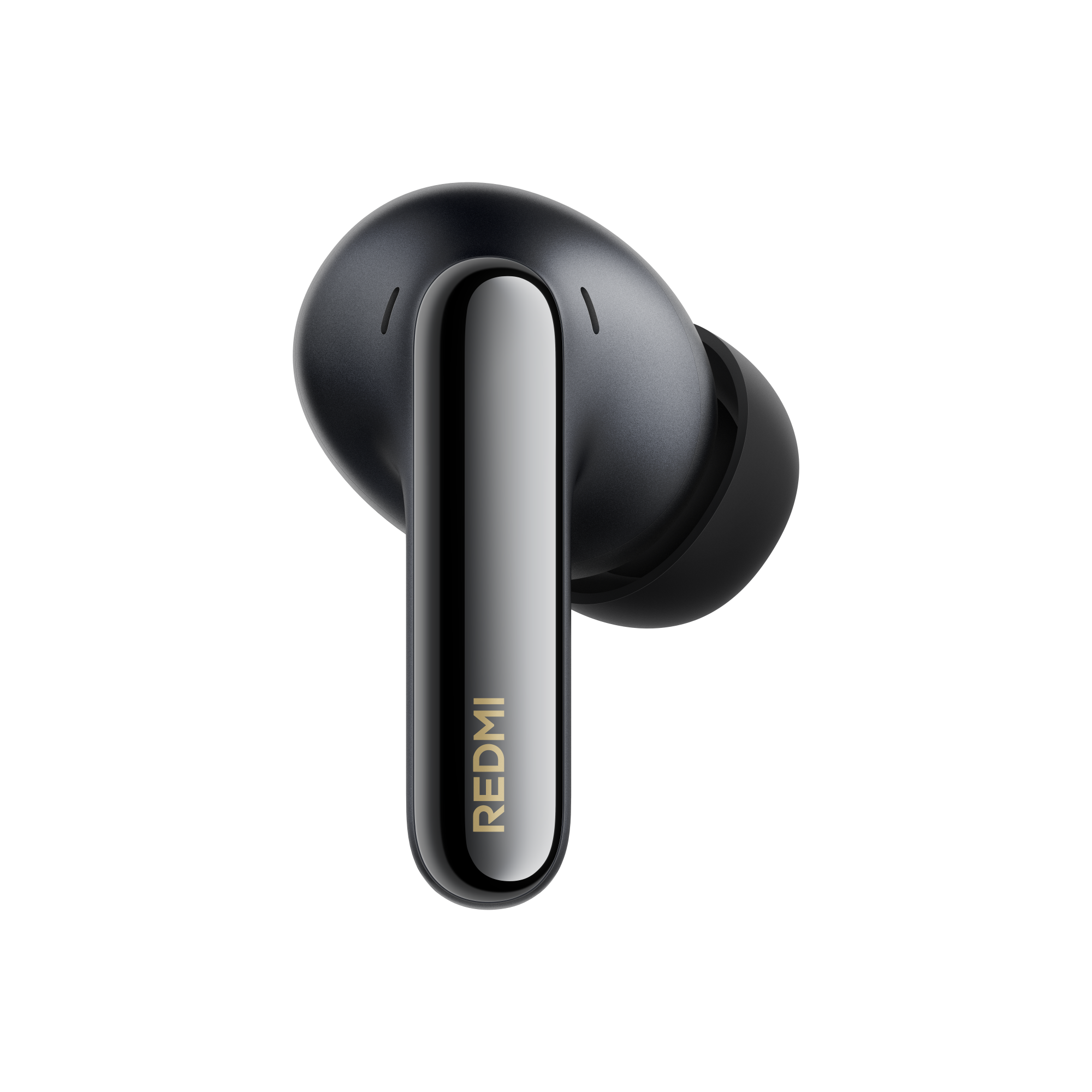 Czarny wkład douszny z błyszczącą srebrną łodyżką i złotym napisem „REDMI”.