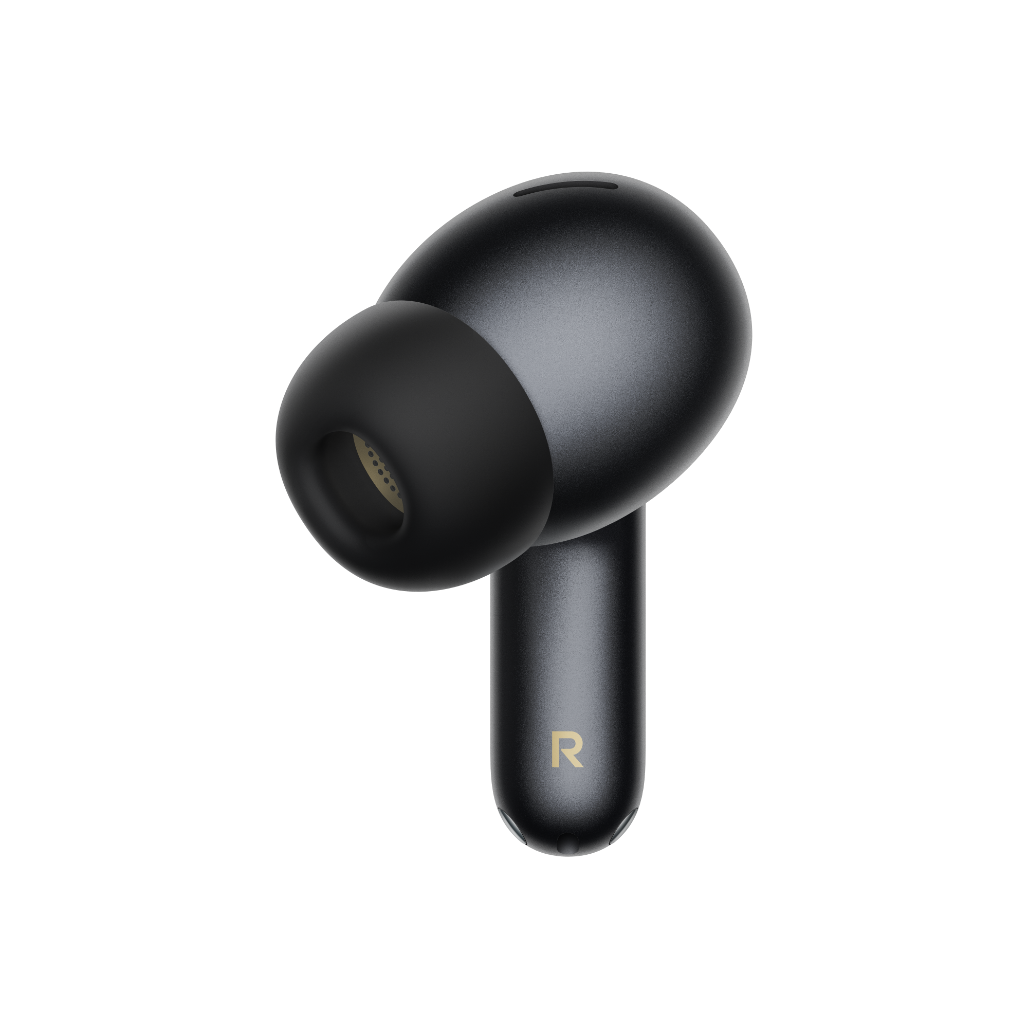 Pojedyncza czarna słuchawka z złotym symbolem „R” na czarnym tle.