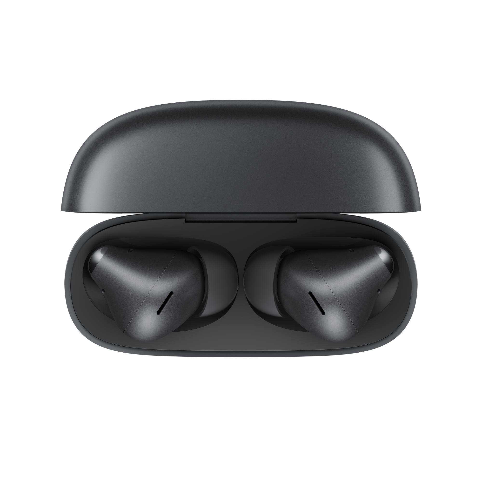 Ciemnoszare słuchawki bezprzewodowe w otwartym etui ładującym.
