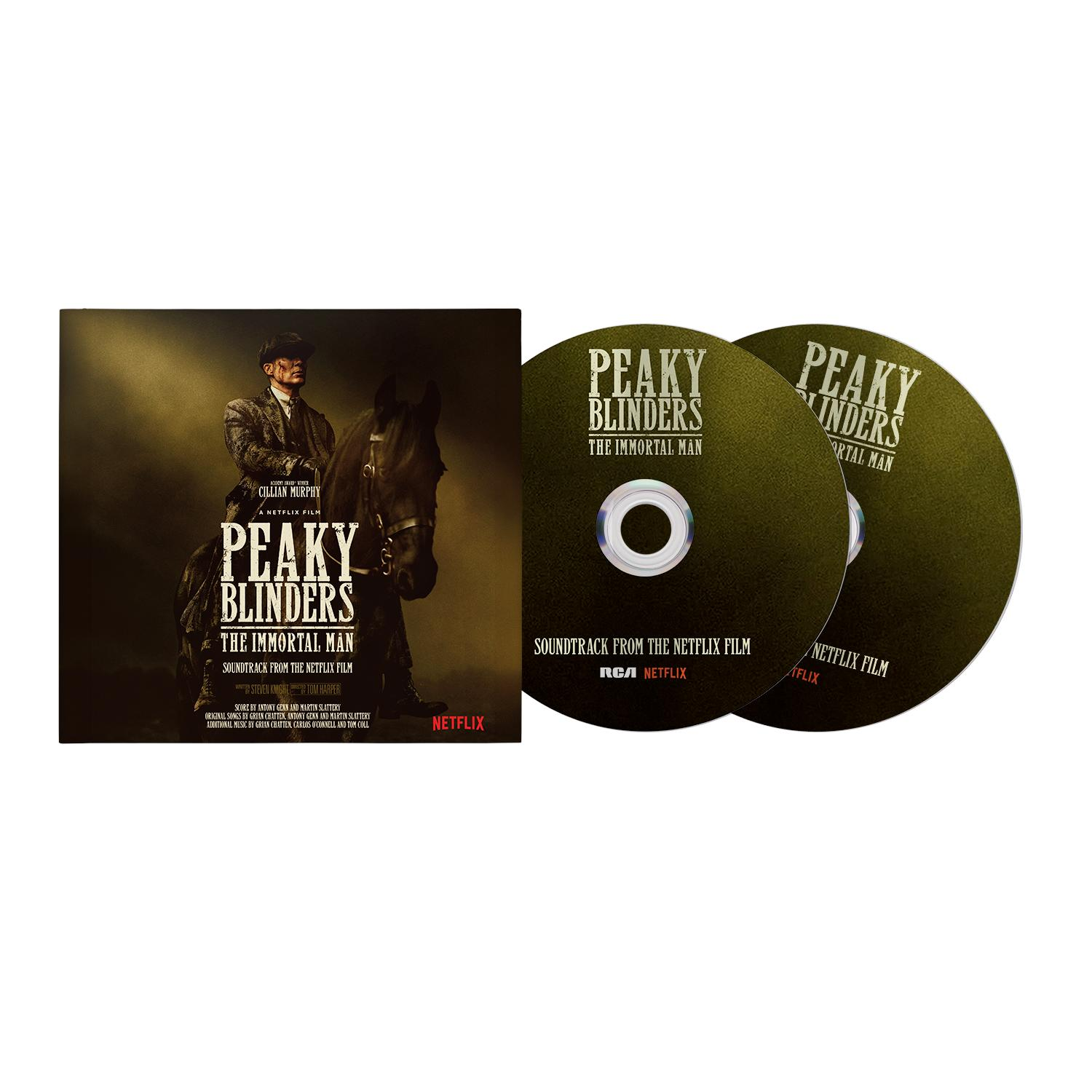 Cover und CDs des Peaky Blinders Soundtracks mit Cillian Murphy auf einem Pferd.