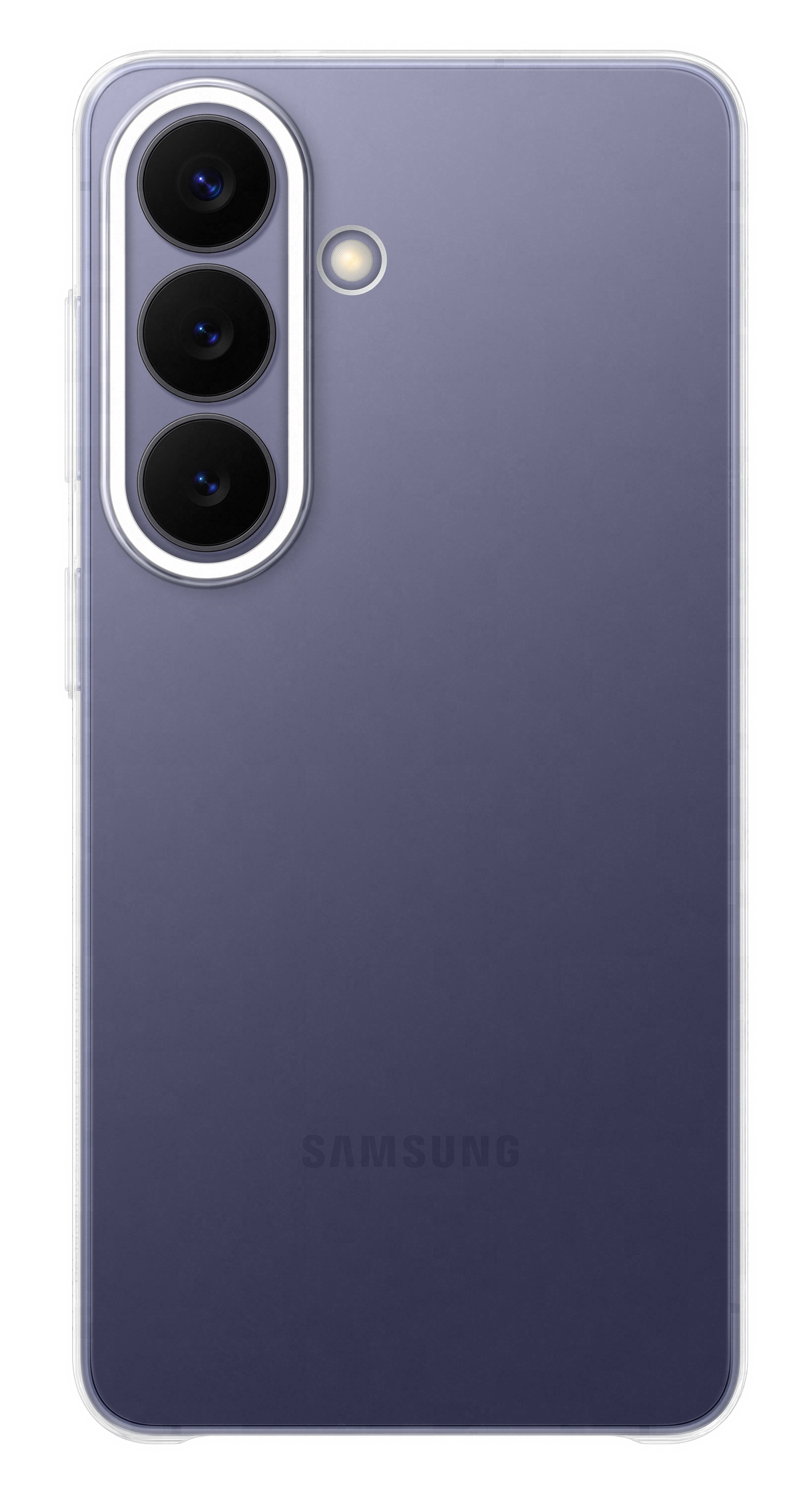 Fioletowy smartfon Samsung z trzema aparatami i lampą.