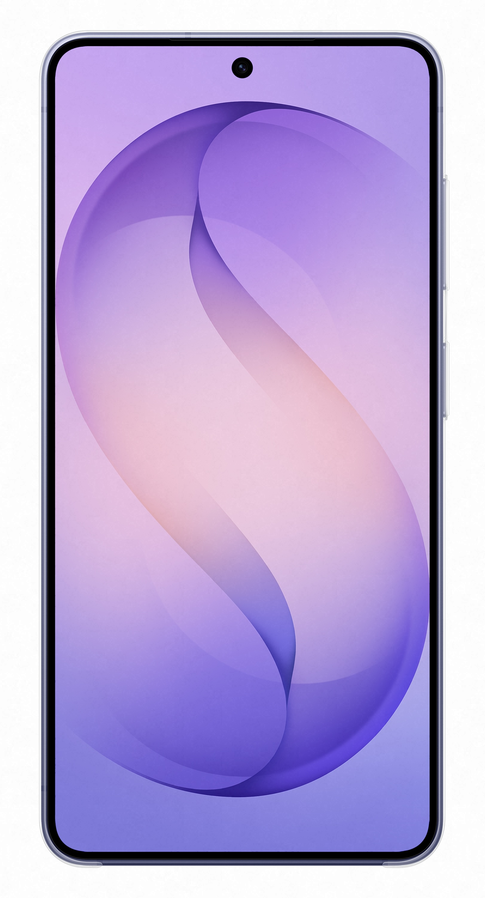 Smartfon z fioletową i różową tapetą, widok z przodu.