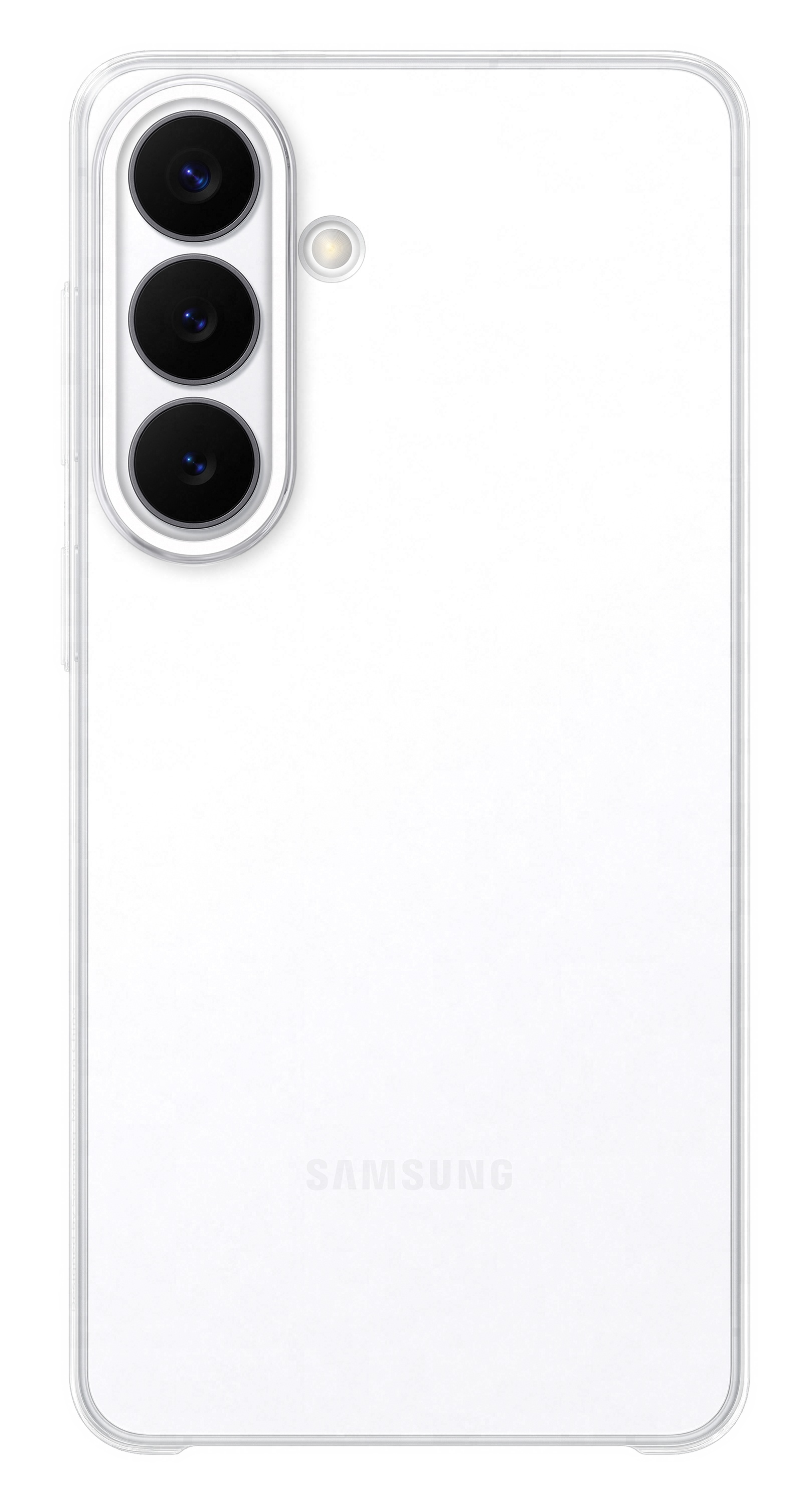 Biały tył smartfona z trzema aparatami i lampą błyskową.