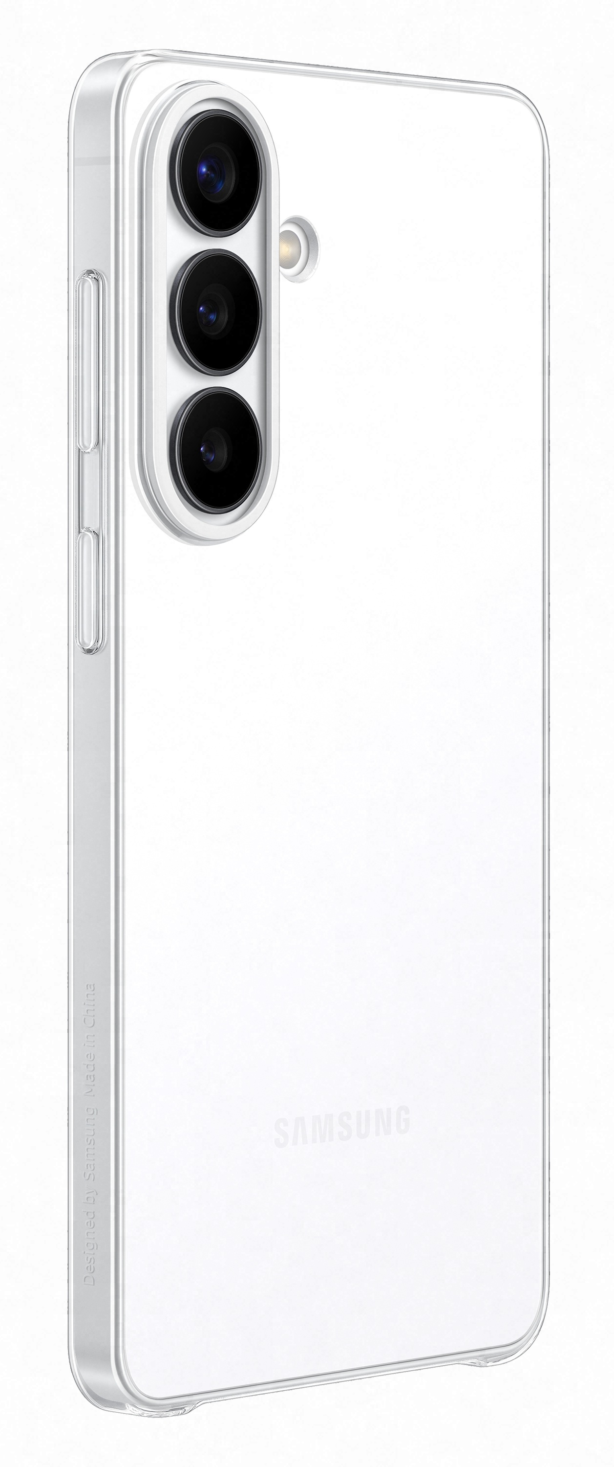 Przezroczysta obudowa na telefon z trzema aparatami i lampą błyskową na białym tle.