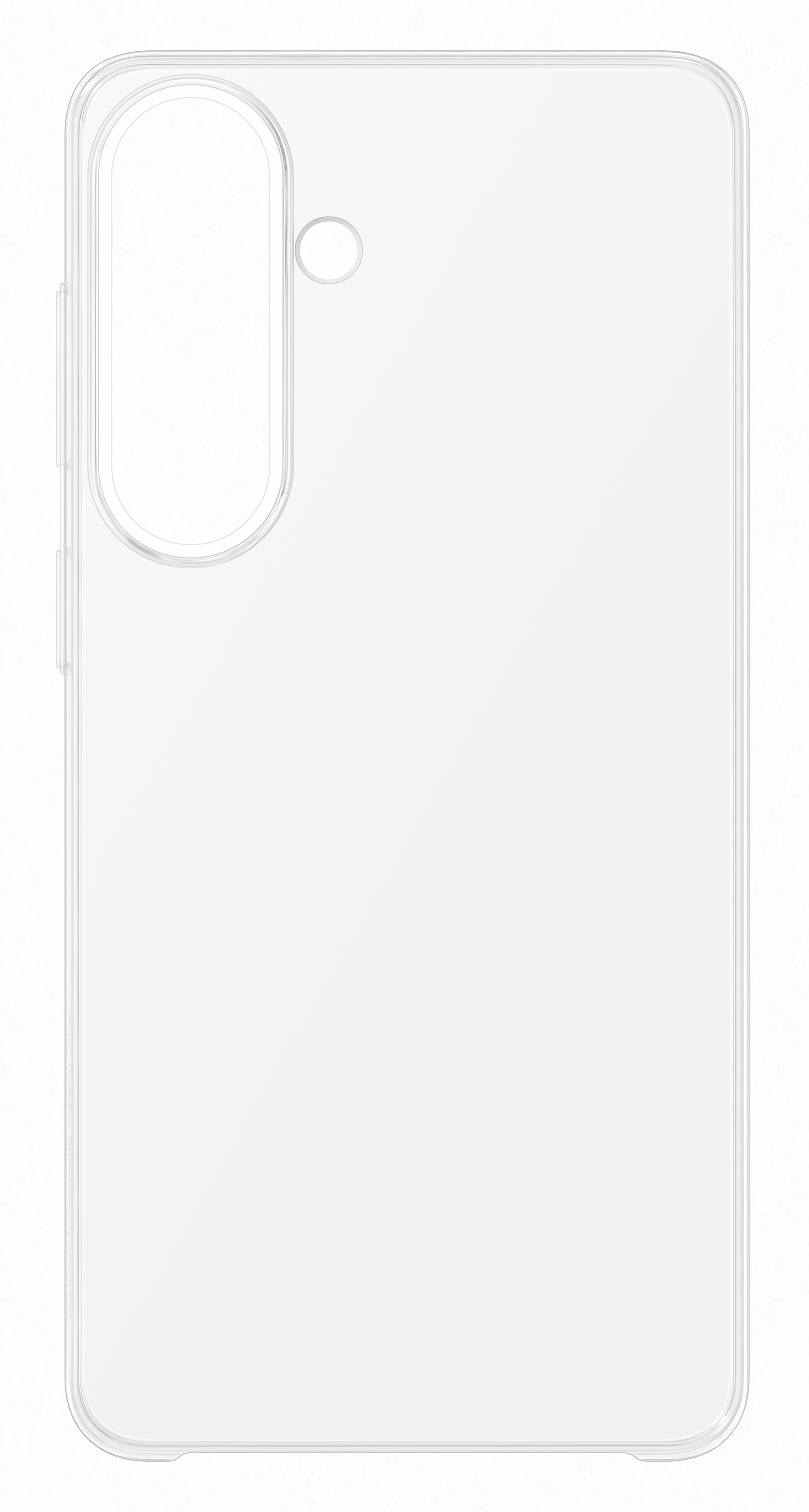 Przezroczyste etui na telefon z zaokrąglonymi rogami i wycięciem na aparat.