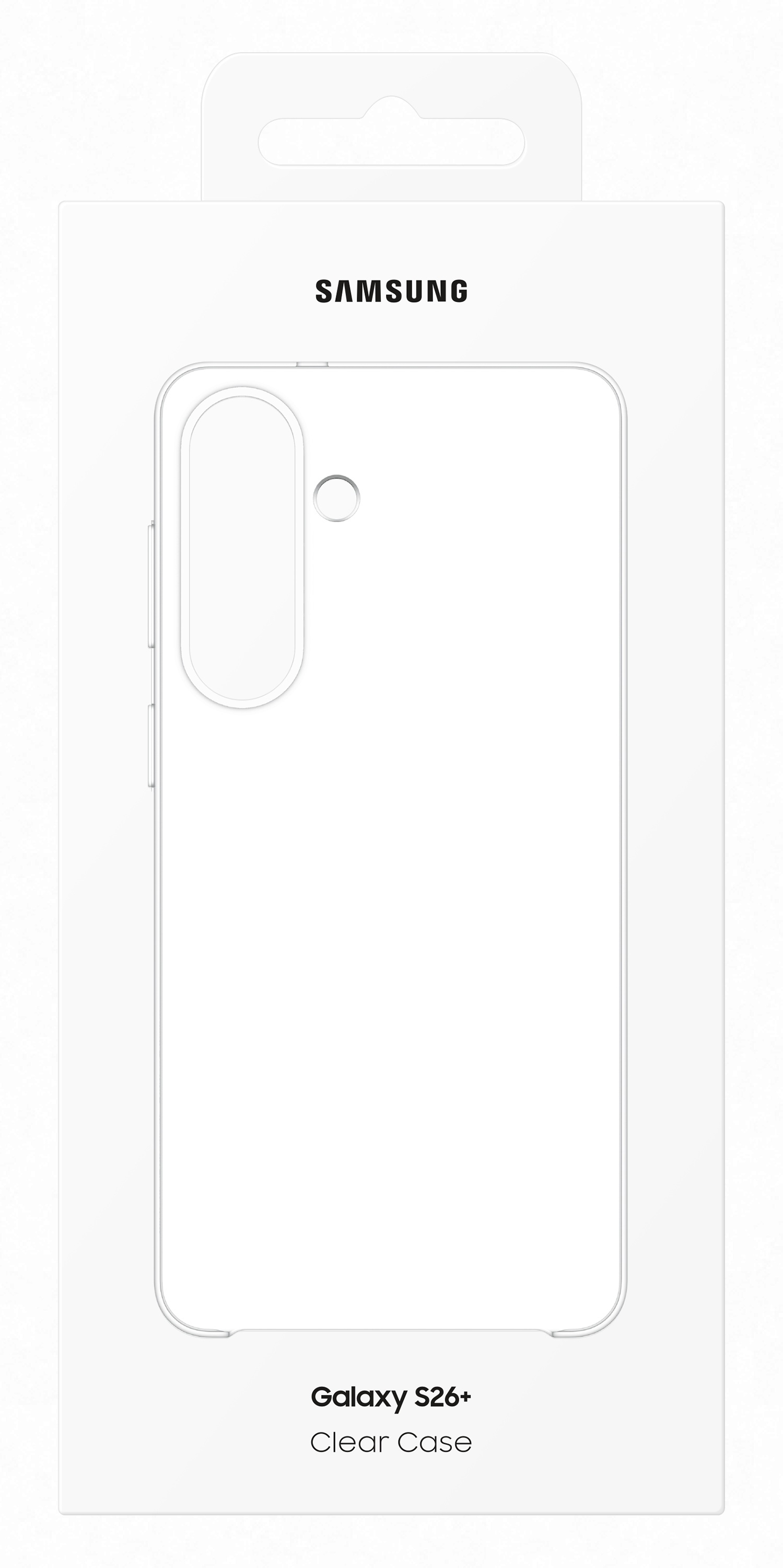 Białe opakowanie Samsung na etui Galaxy S26+ Clear Case z rysunkiem.