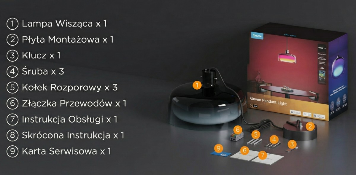 Lampa wisząca Govee: Lampa, płyta montażowa, klucz, śruby, kołki, złączka przewodów, instrukcje.
