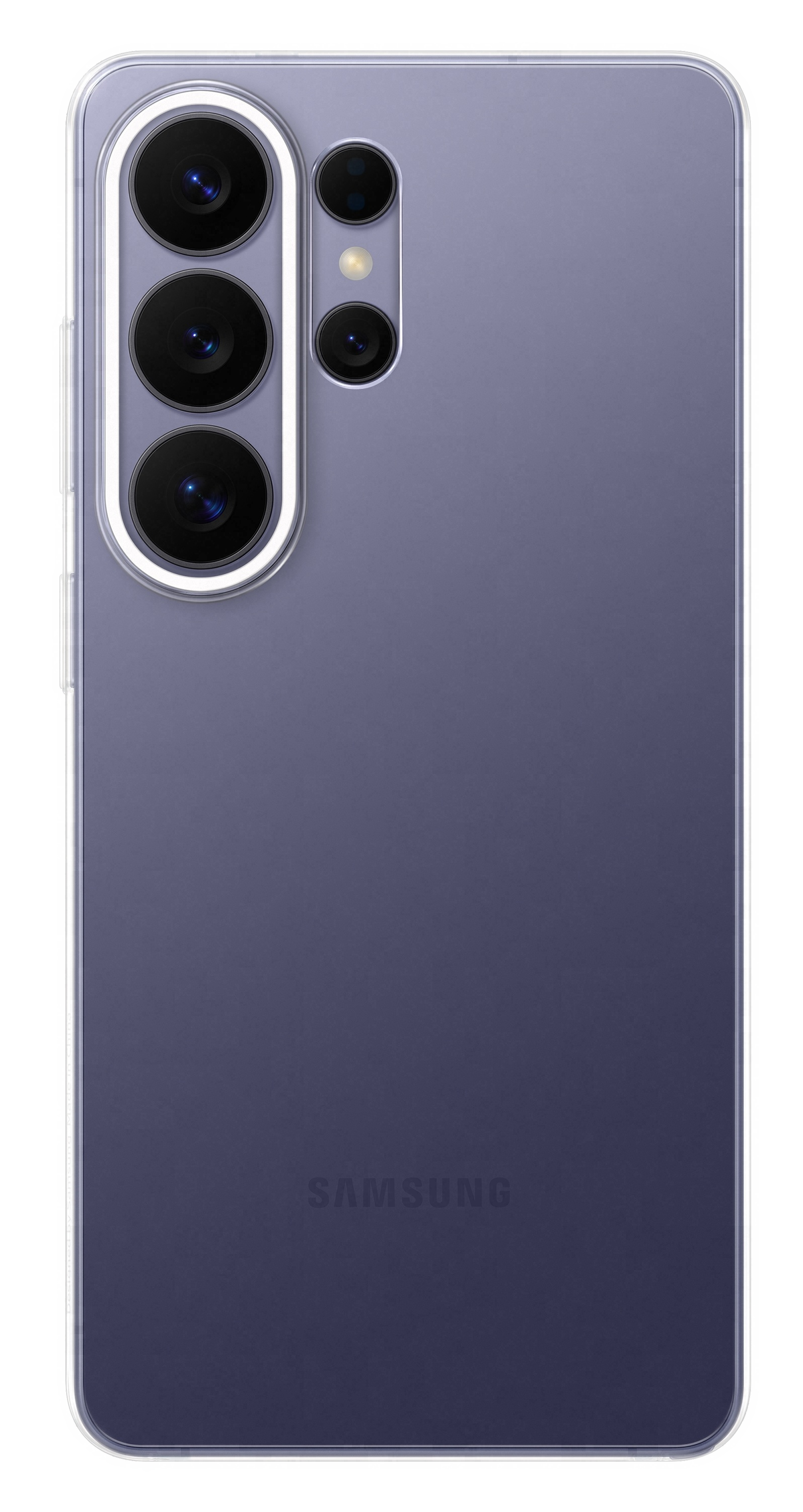 Tył fioletowego smartfona z czterema aparatami i logo Samsung.