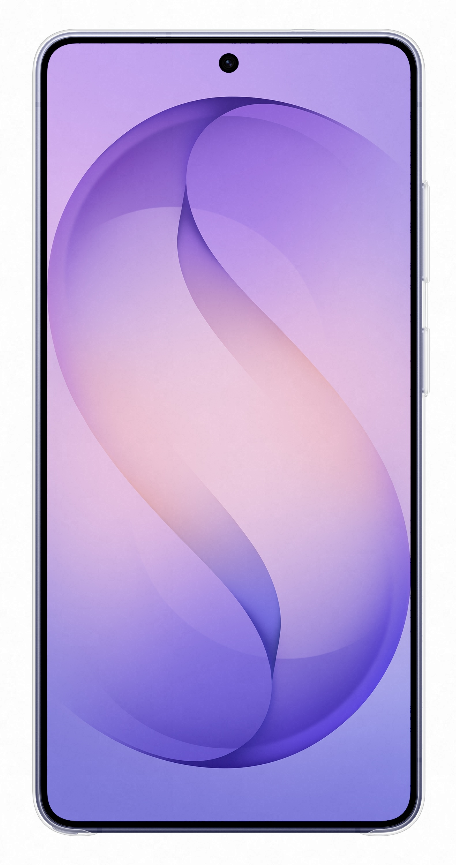 Smartfon z fioletowym tłem i zakrzywionymi liniami.