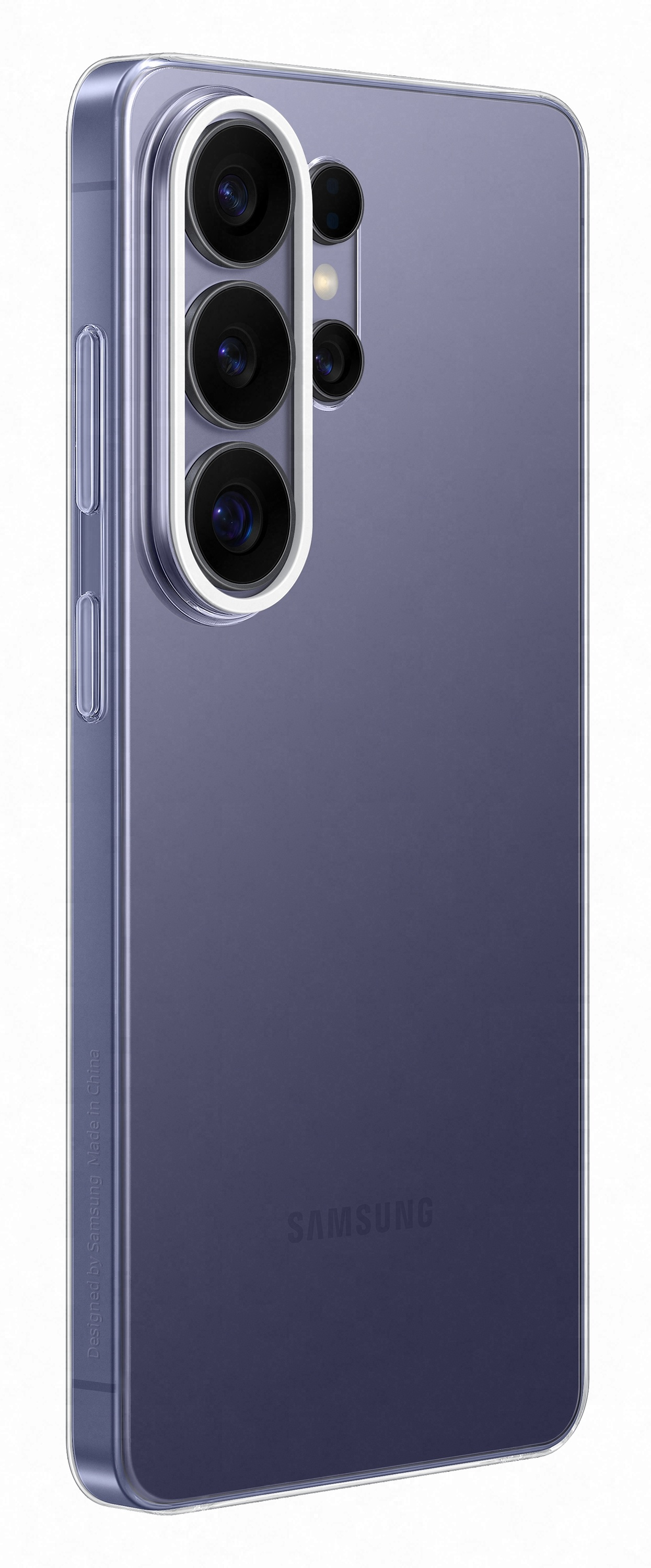 Fioletowy tył telefonu z trzema aparatami i logo SAMSUNG.