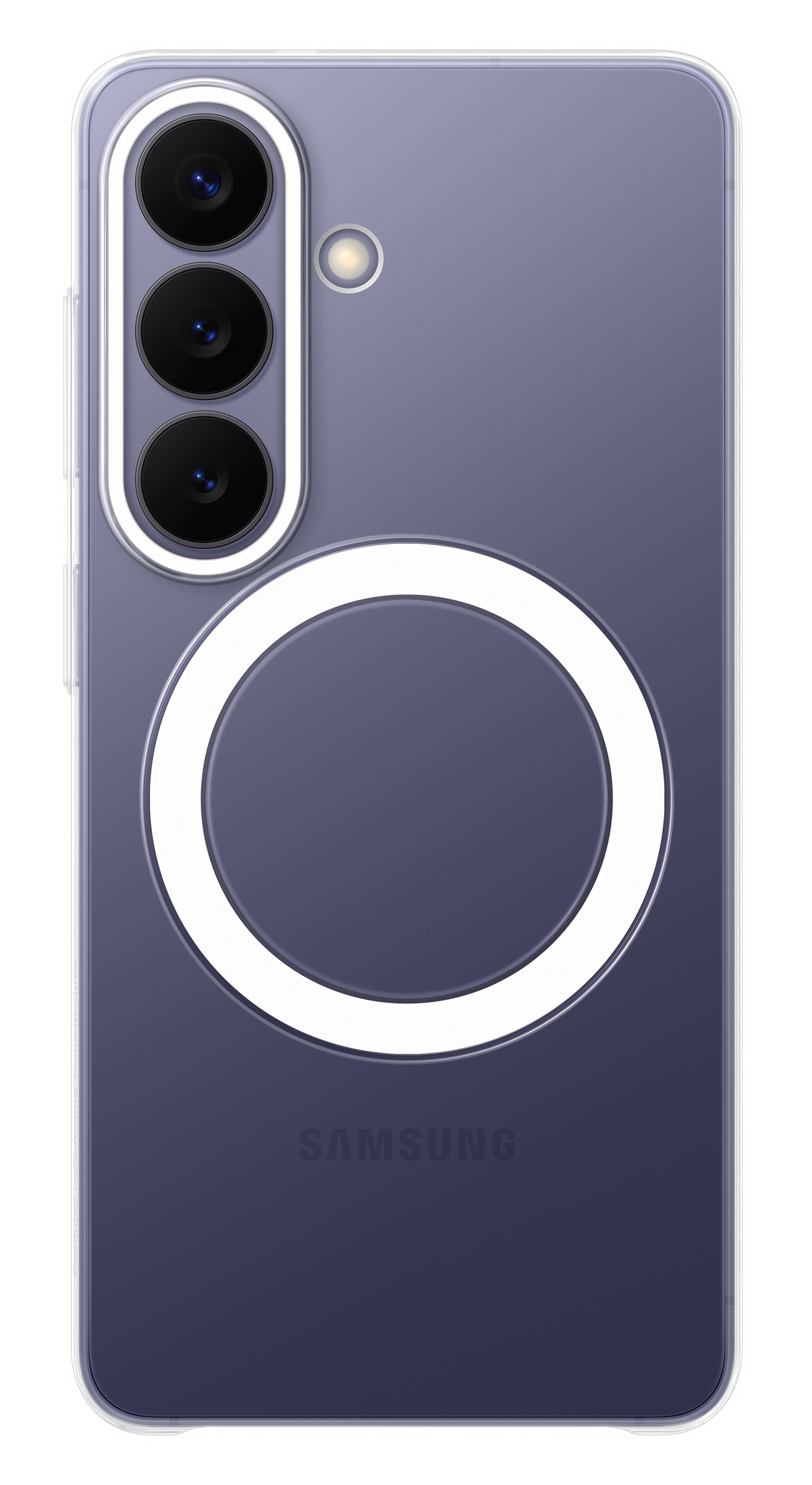 Fioletowy tył telefonu z trzema aparatami i białym kółkiem.