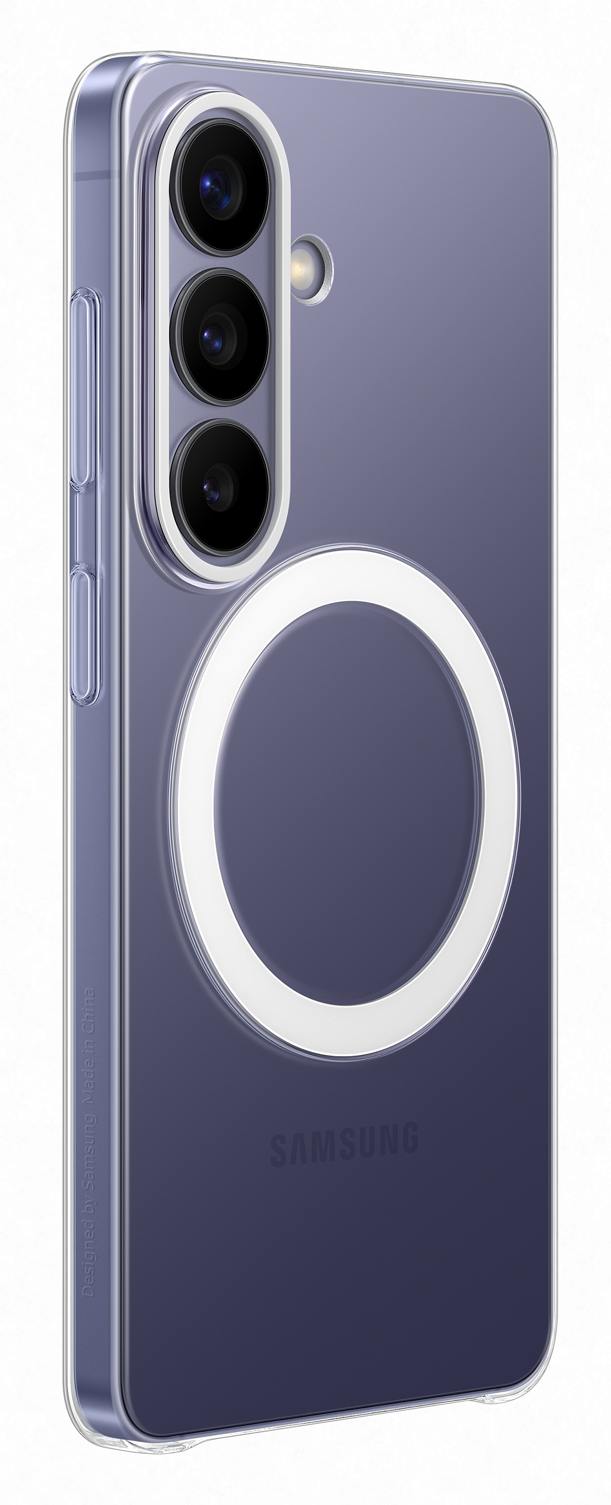 Fioletowe etui na telefon z trzema aparatami i białym kółkiem z tyłu.