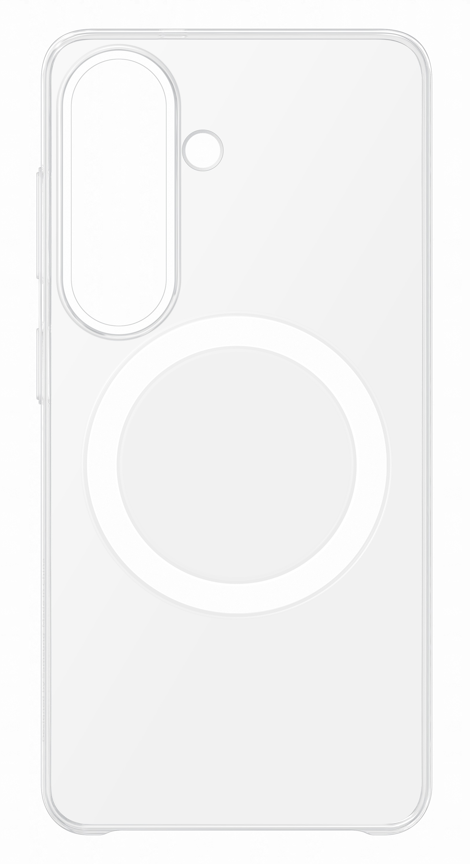 Przezroczyste etui z okrągłym wycięciem i prostokątnym obszarem aparatu.
