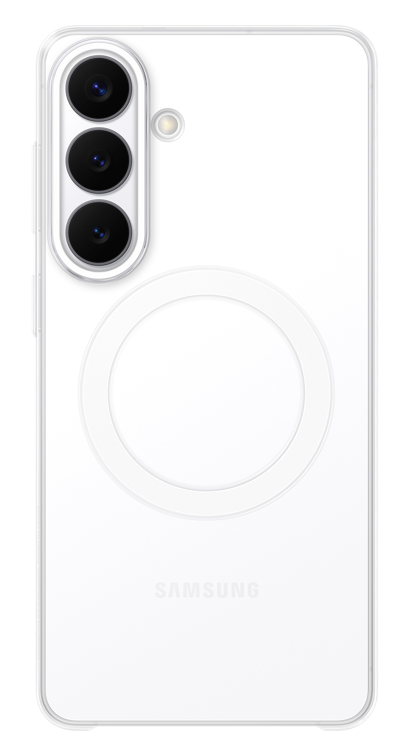 Tył białego smartfona z trzema aparatami i okrągłym wzorem.