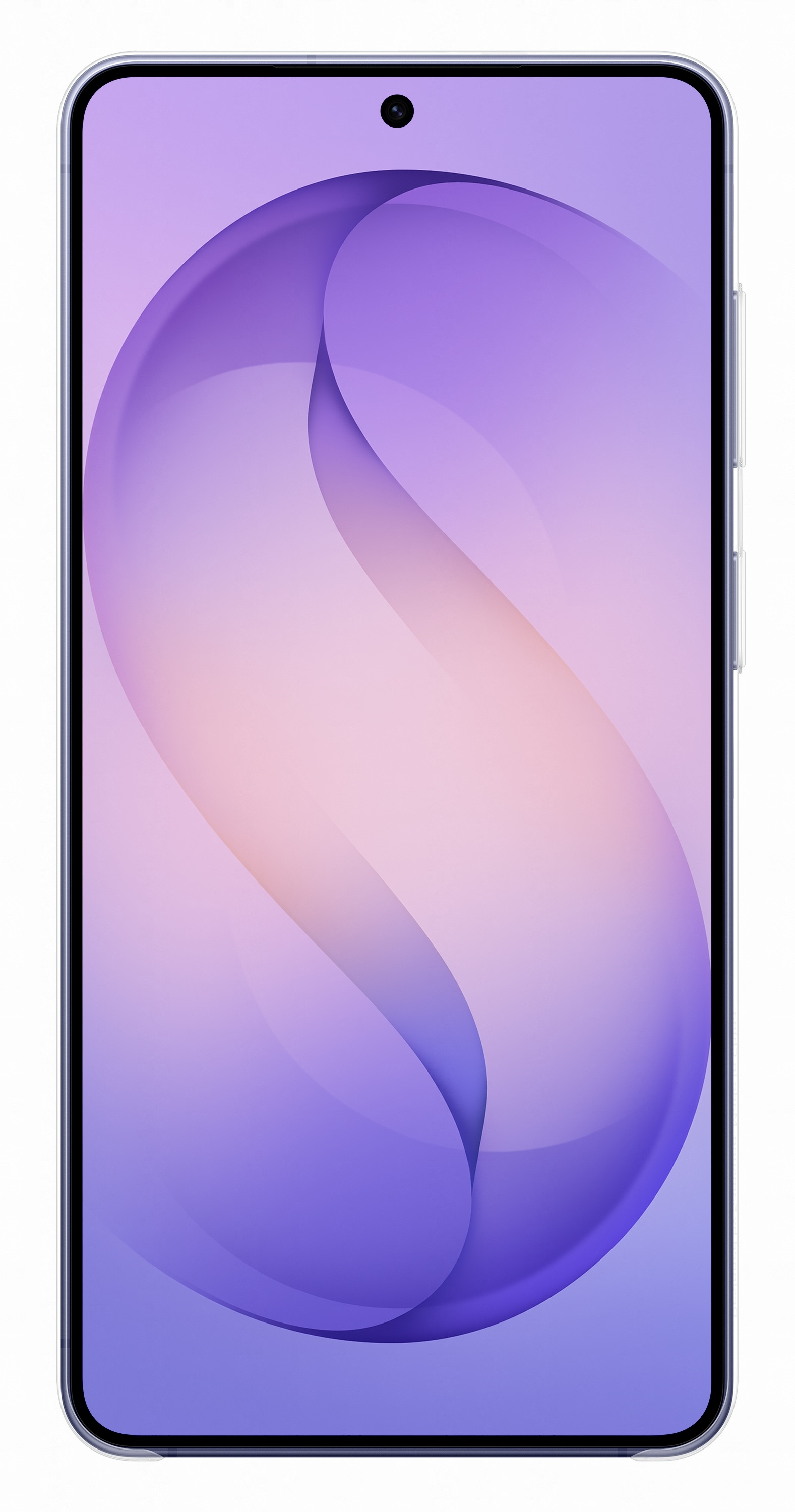 Smartfon z fioletowo-różową tapetą i przednim aparatem na górze.