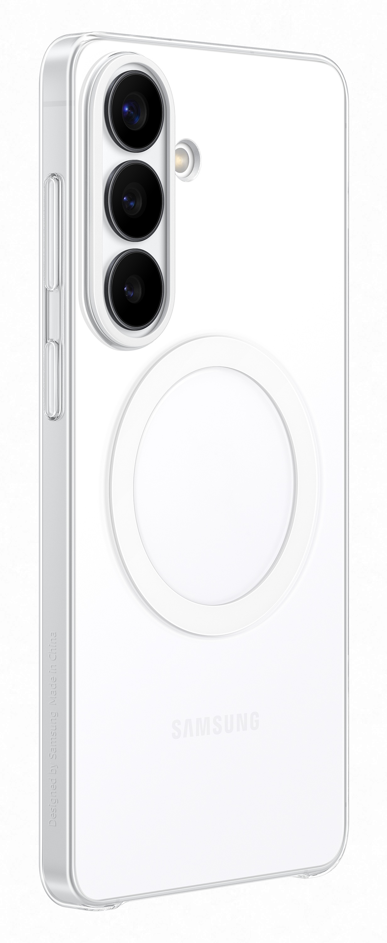 Przezroczyste etui z trzema aparatami i okrągłym pierścieniem MagSafe.