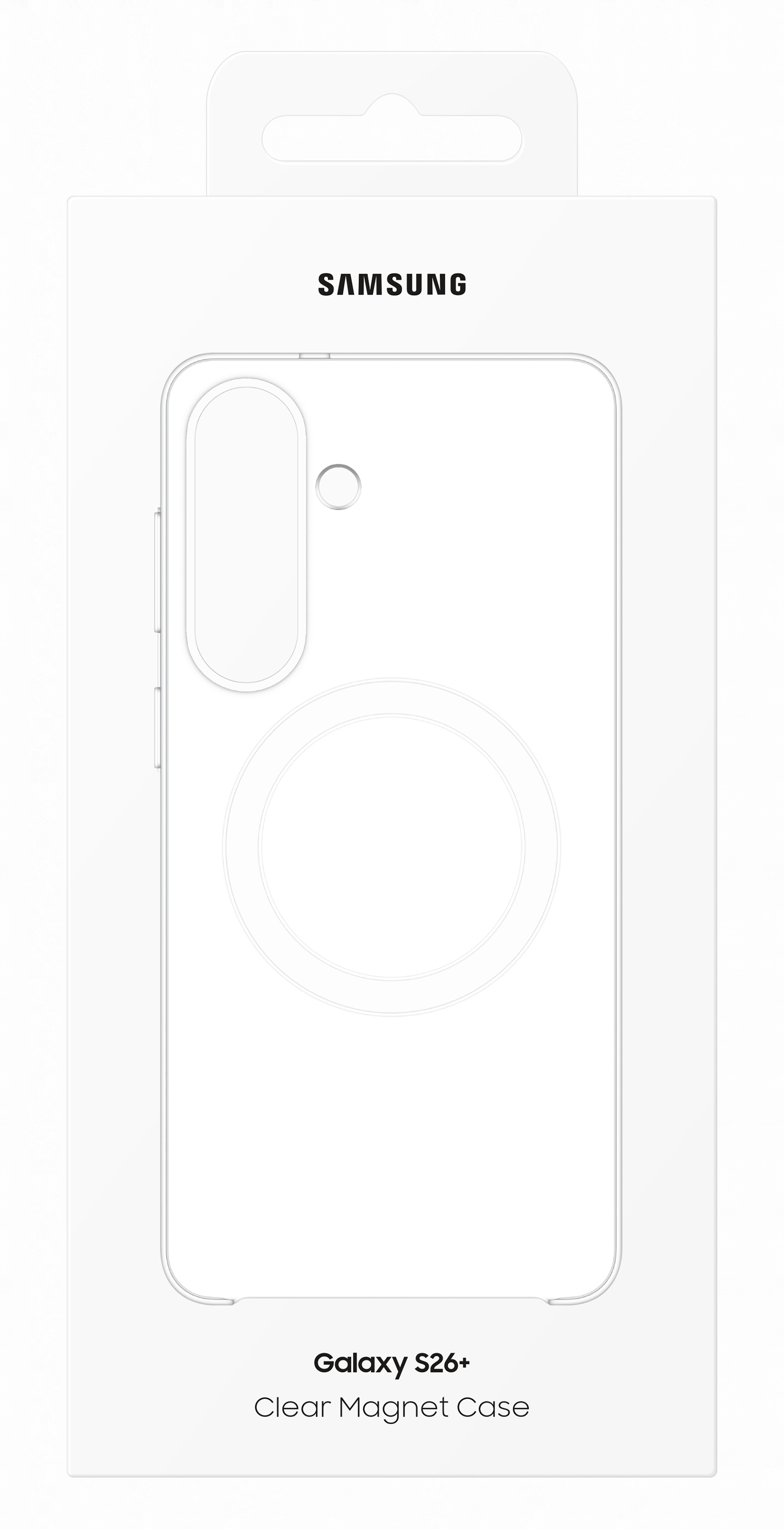 Opakowanie Samsung Galaxy S26+ Clear Magnet Case z obrysem telefonu.